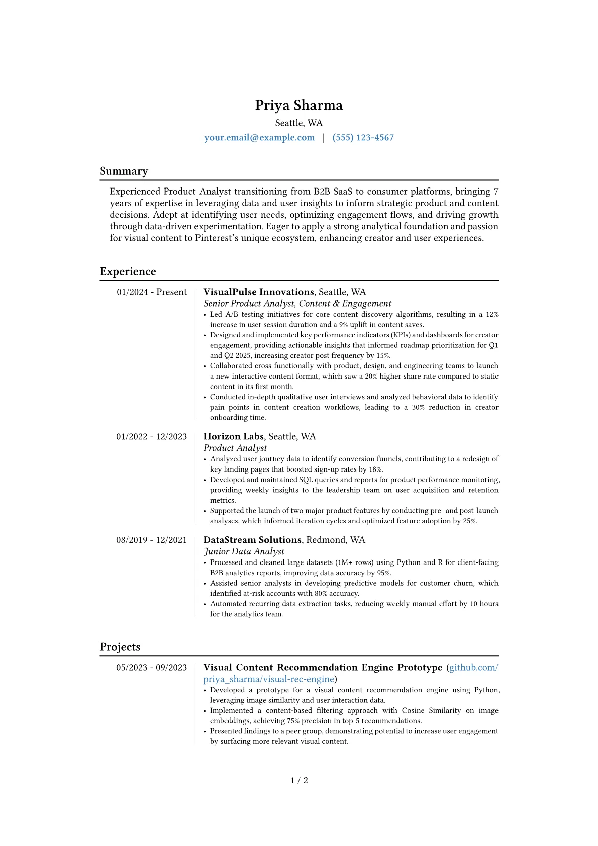 Pinterest resume example, Career changer, page 1
