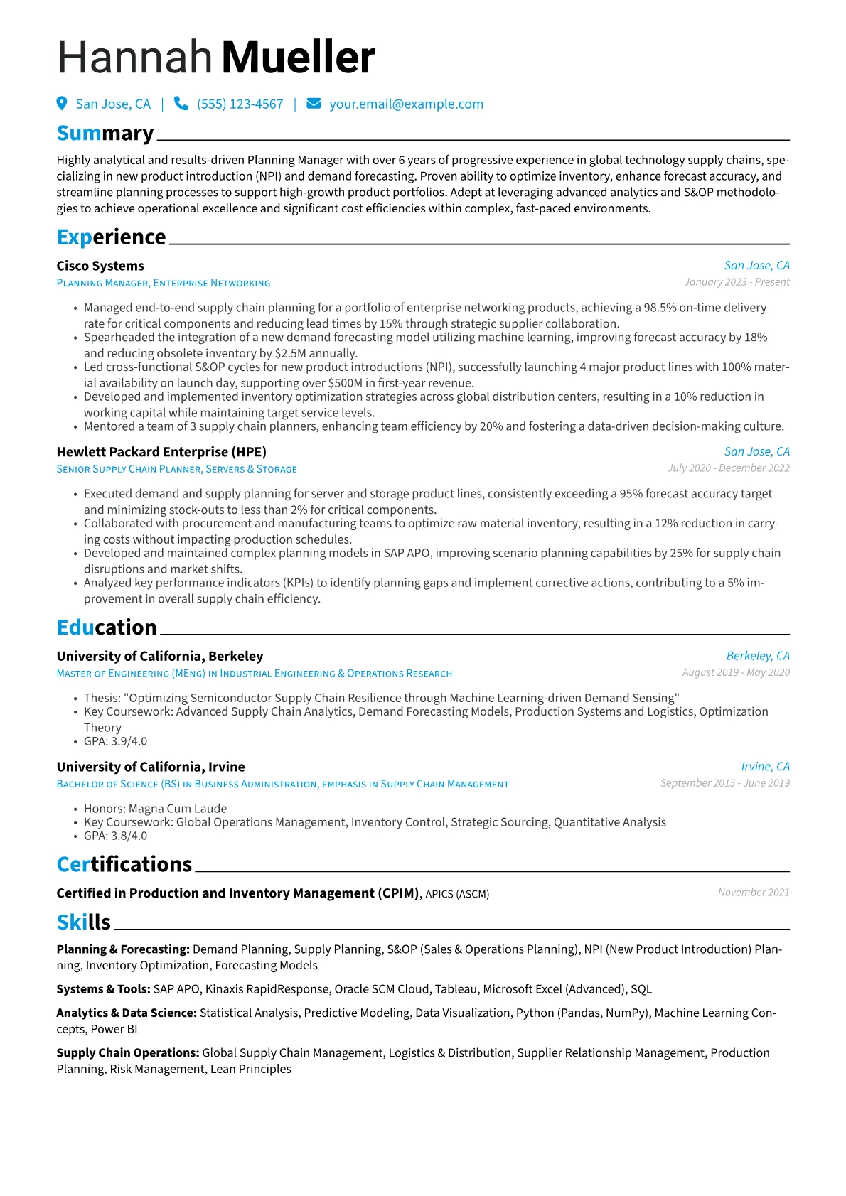 Planning Manager resume example, Planning & Forecasting, page 1
