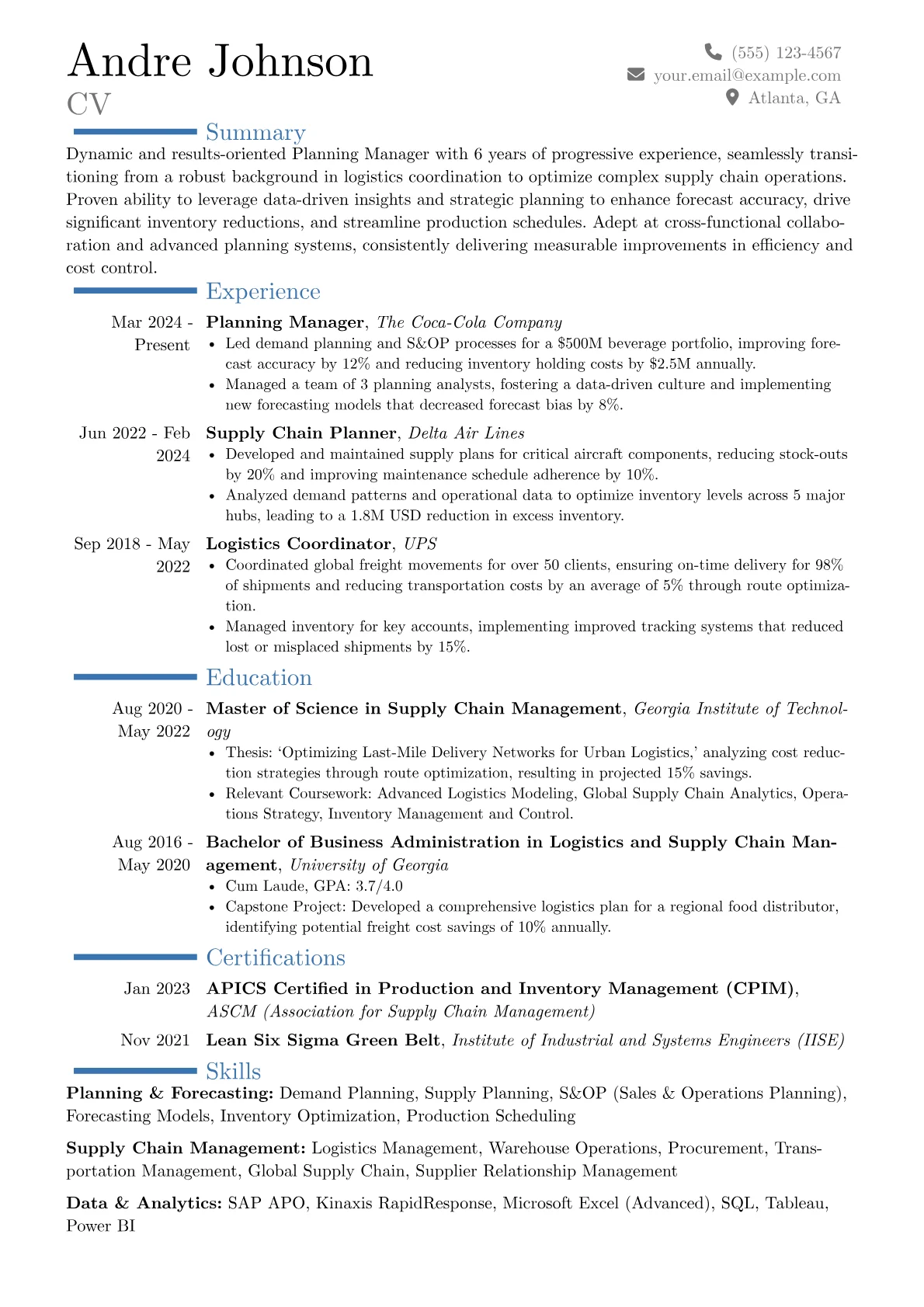 Planning Manager resume example, Career changer, page 1