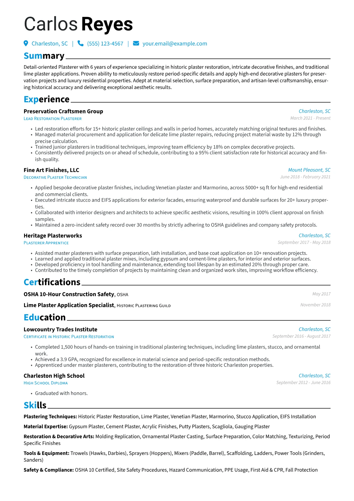 Plasterer resume example, Plasterer - Historic, page 1