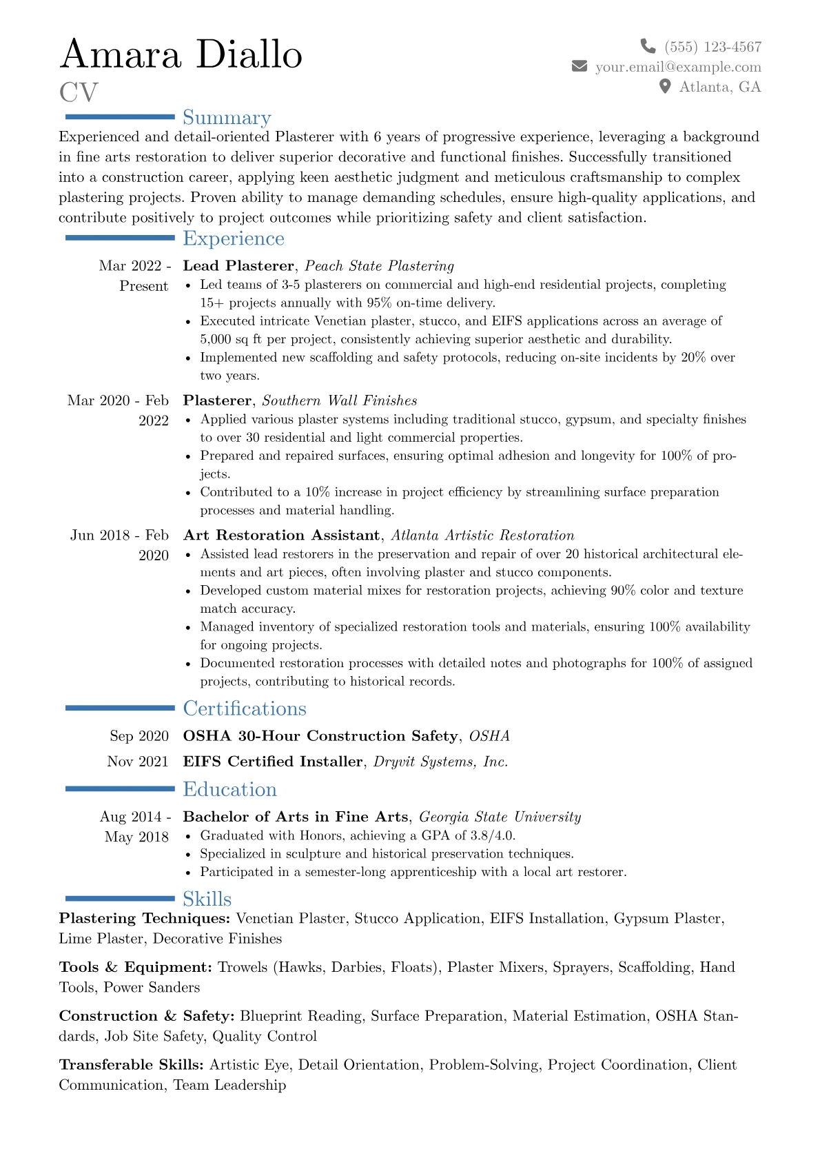 Plasterer resume example, Career changer, page 1