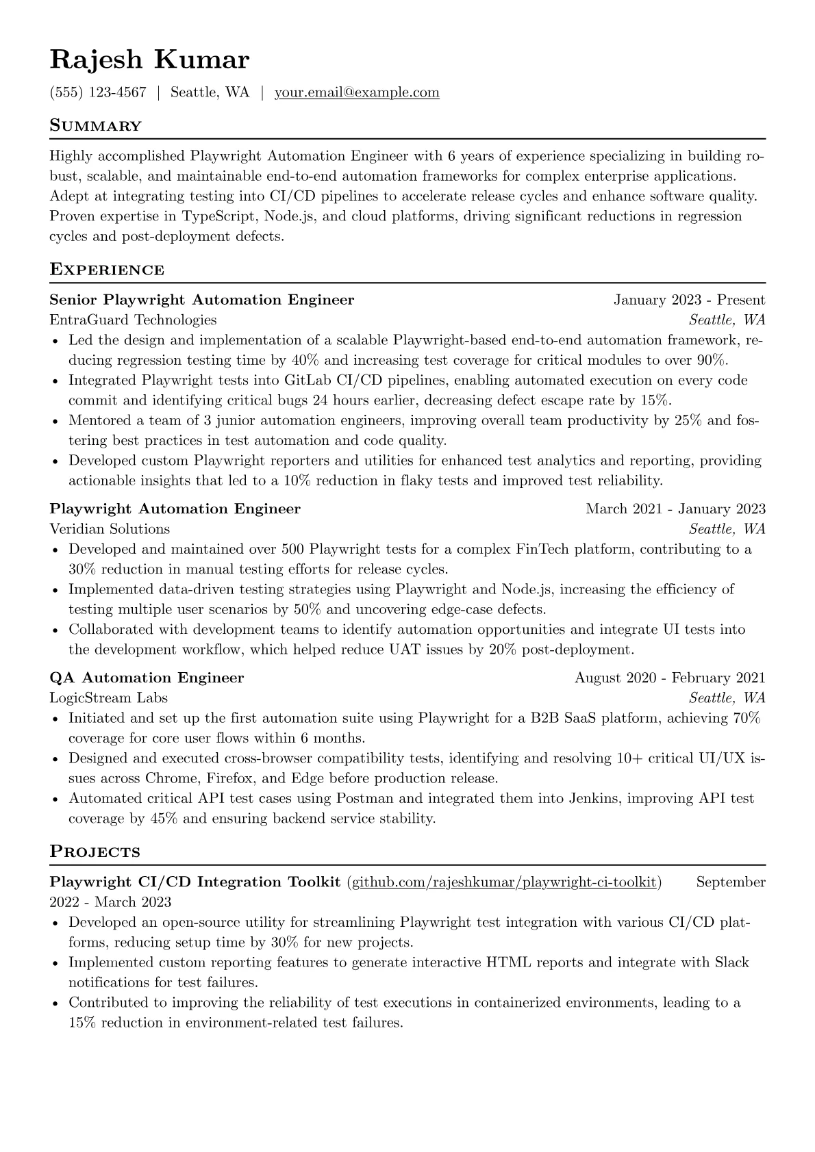 Playwright Automation Engineer resume example, Playwright Automation, page 1