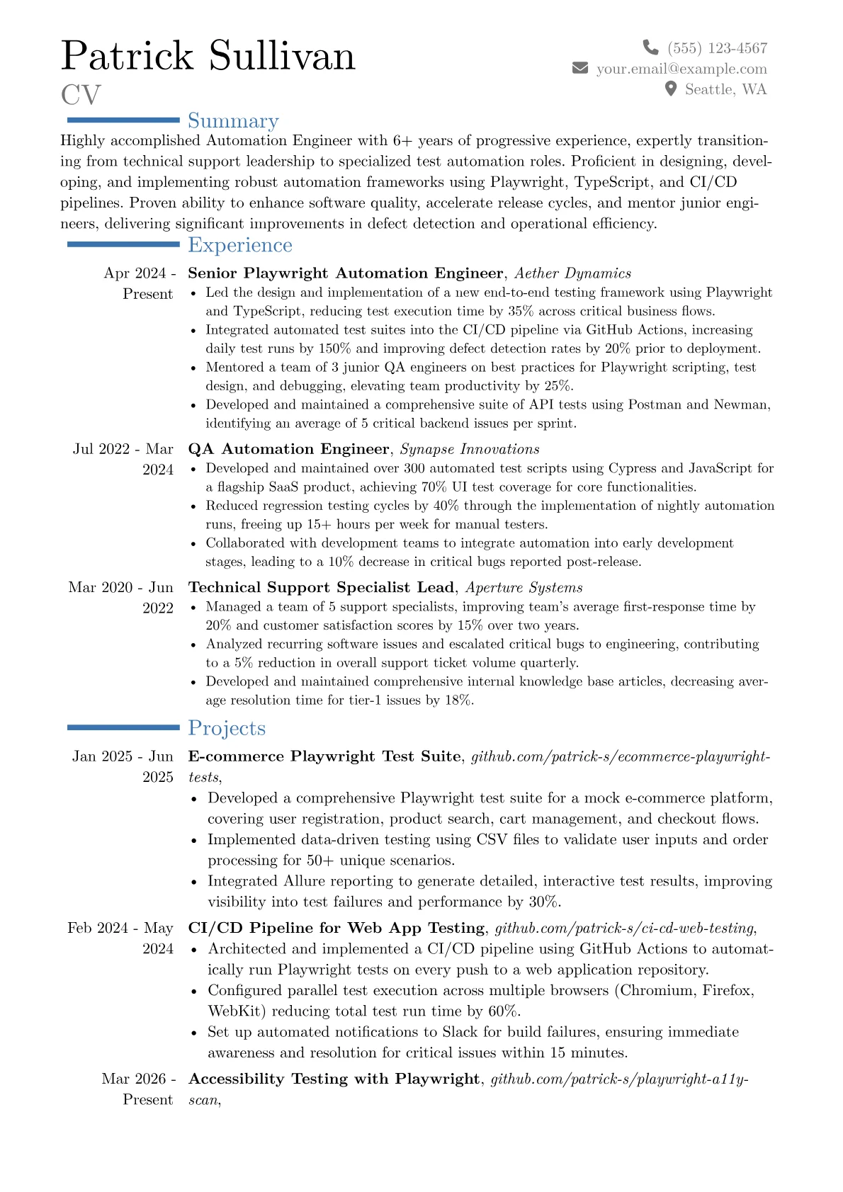 Playwright Automation Engineer resume example, Career changer, page 1
