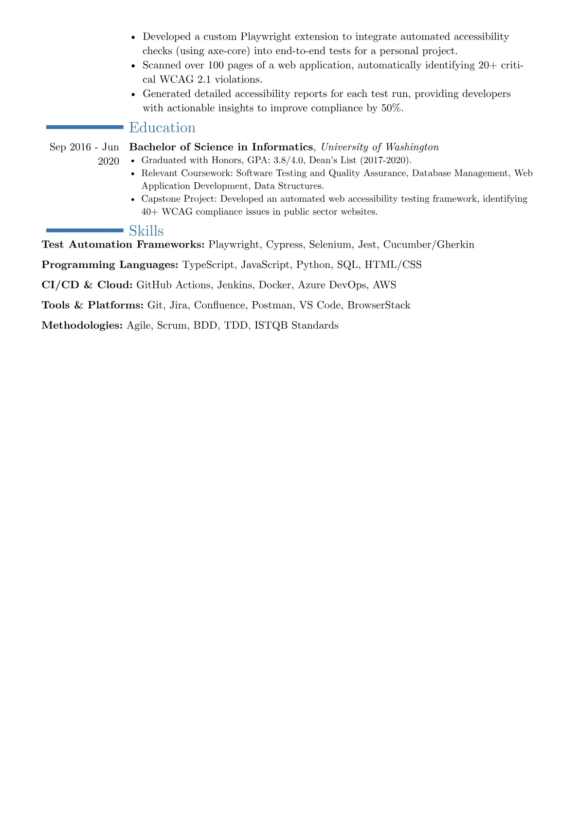 Playwright Automation Engineer resume example, Career changer, page 2