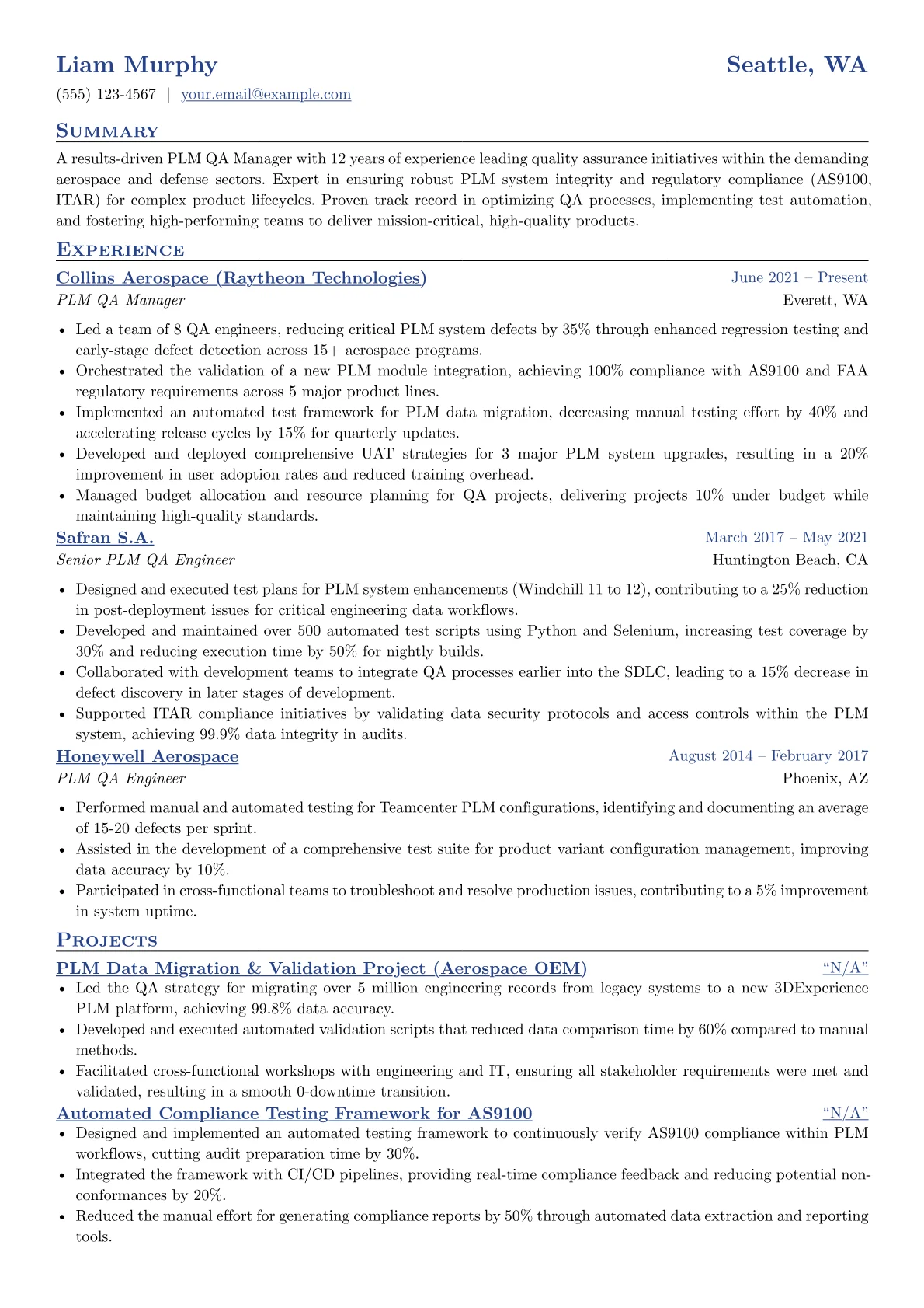 PLM QA Manager resume example, Aerospace PLM QA Manager, page 1