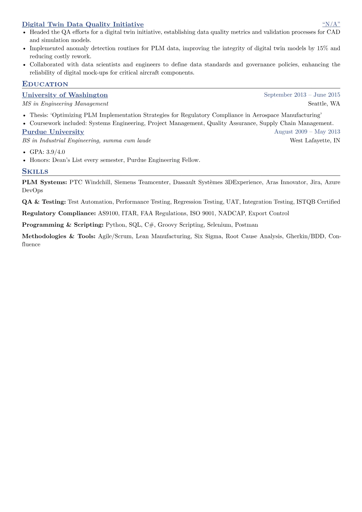 PLM QA Manager resume example, Aerospace PLM QA Manager, page 2