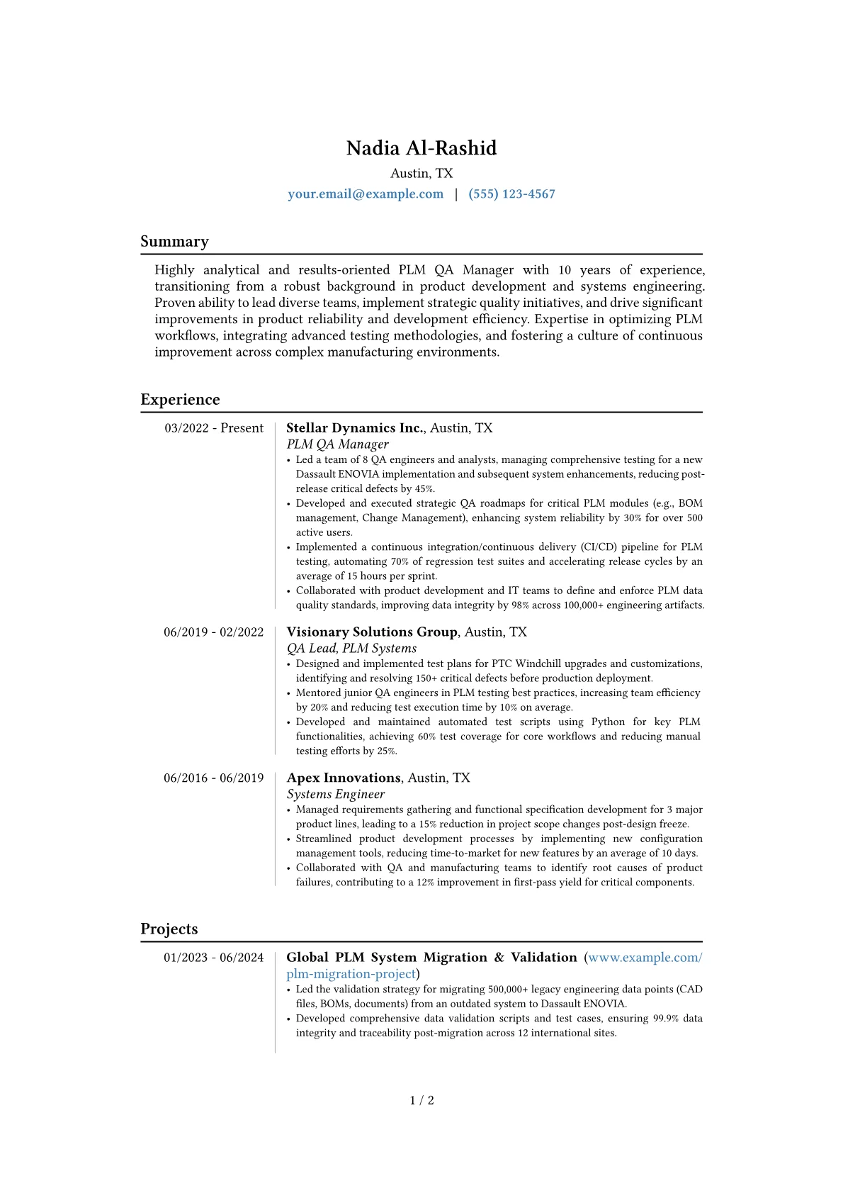 PLM QA Manager resume example, Career changer, page 1