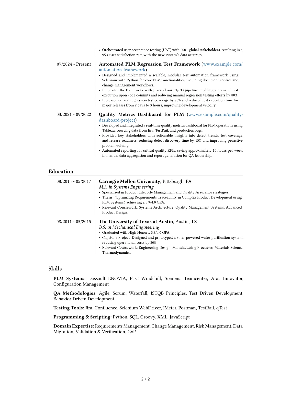 PLM QA Manager resume example, Career changer, page 2