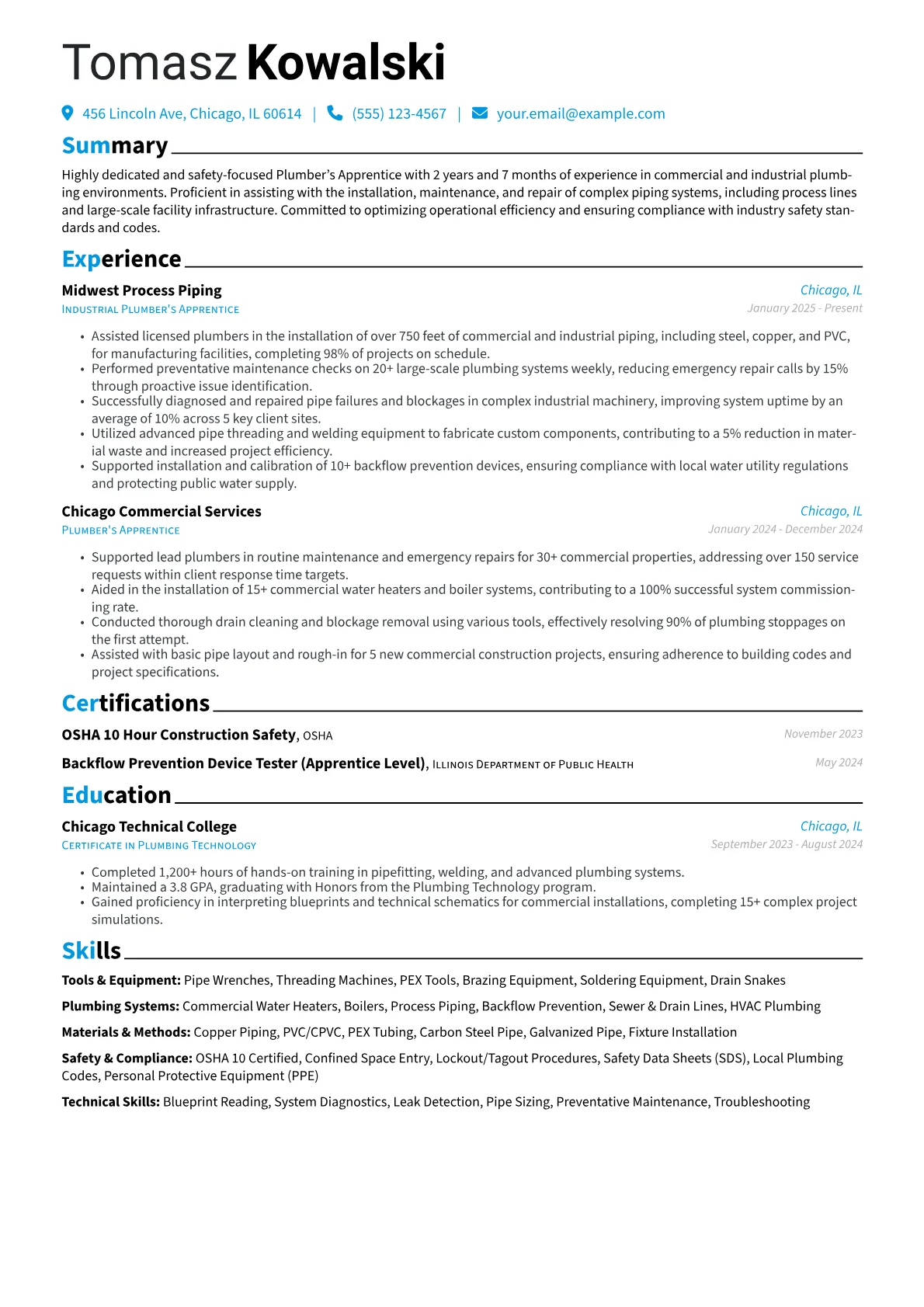 Plumber's Apprentice resume example, Commercial/Industrial, page 1