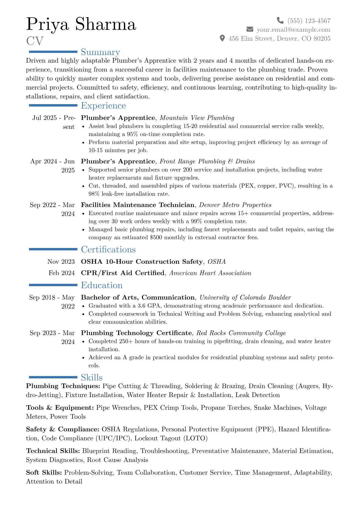 Plumber's Apprentice resume example, Career changer, page 1
