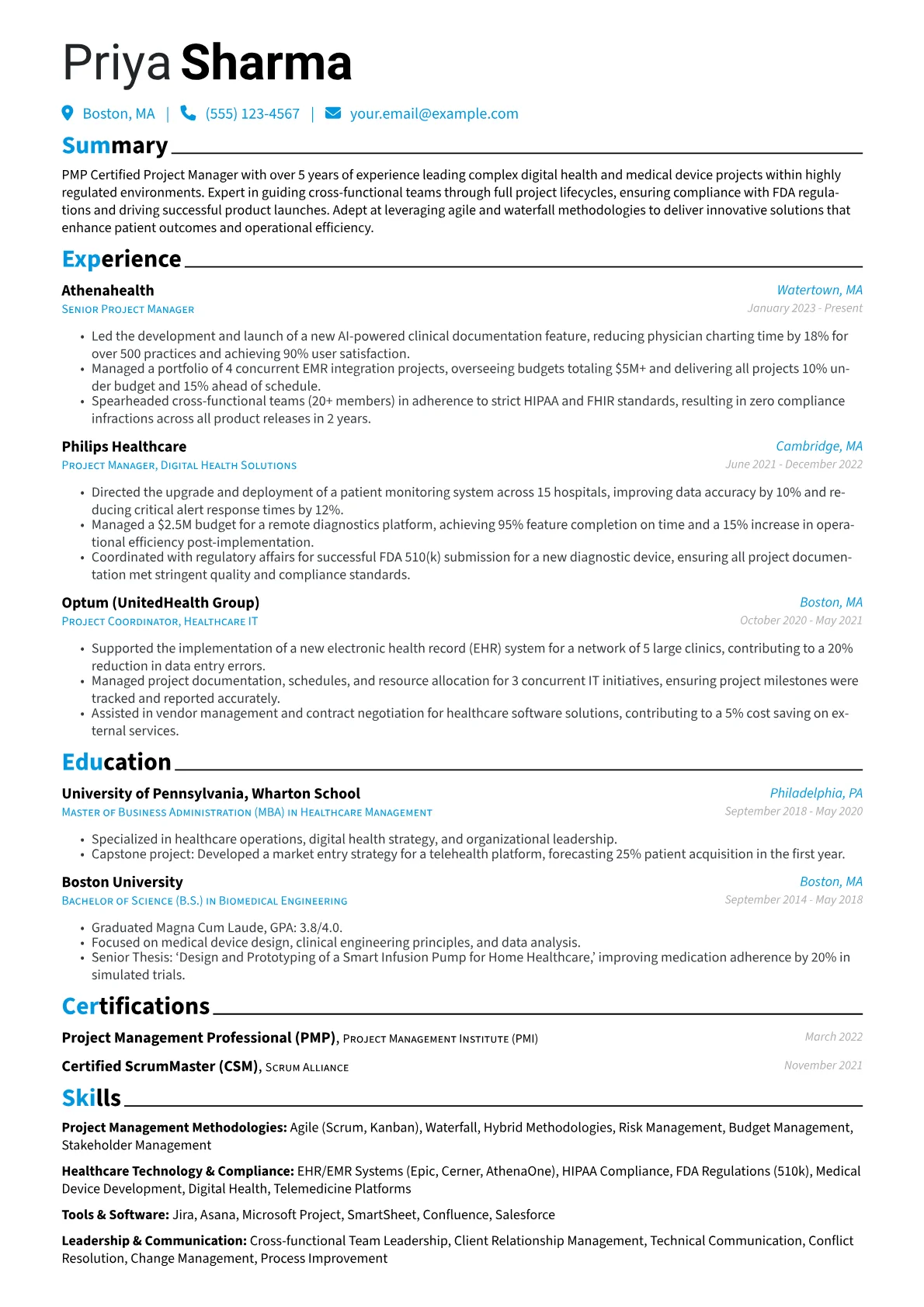 PMP Certified Project Manager resume example, Project Management, page 1