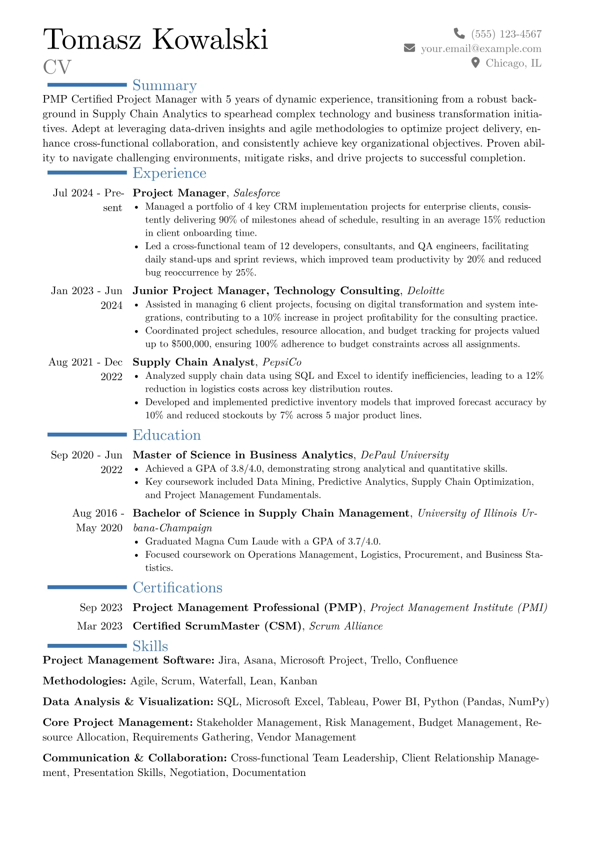 PMP Certified Project Manager resume example, Career changer, page 1