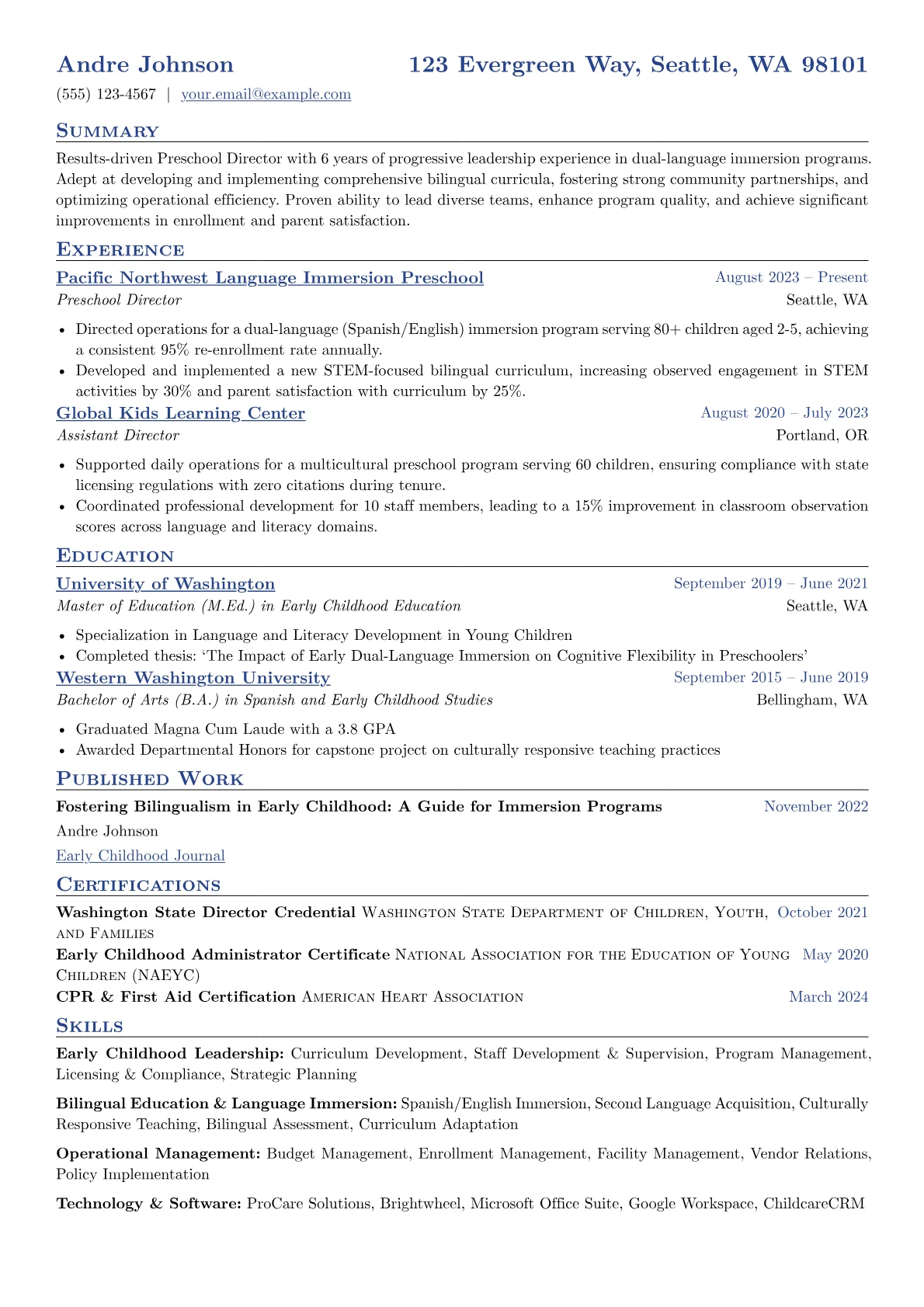 Preschool Director resume example, Bilingual Immersion Focus, page 1