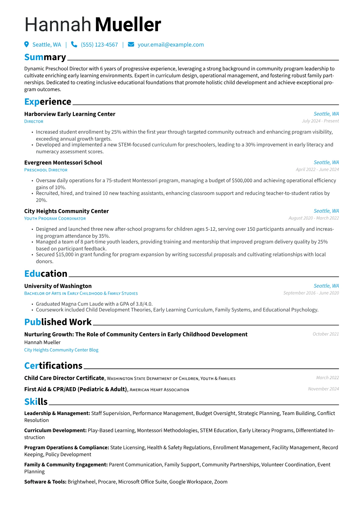 Preschool Director resume example, Career changer, page 1