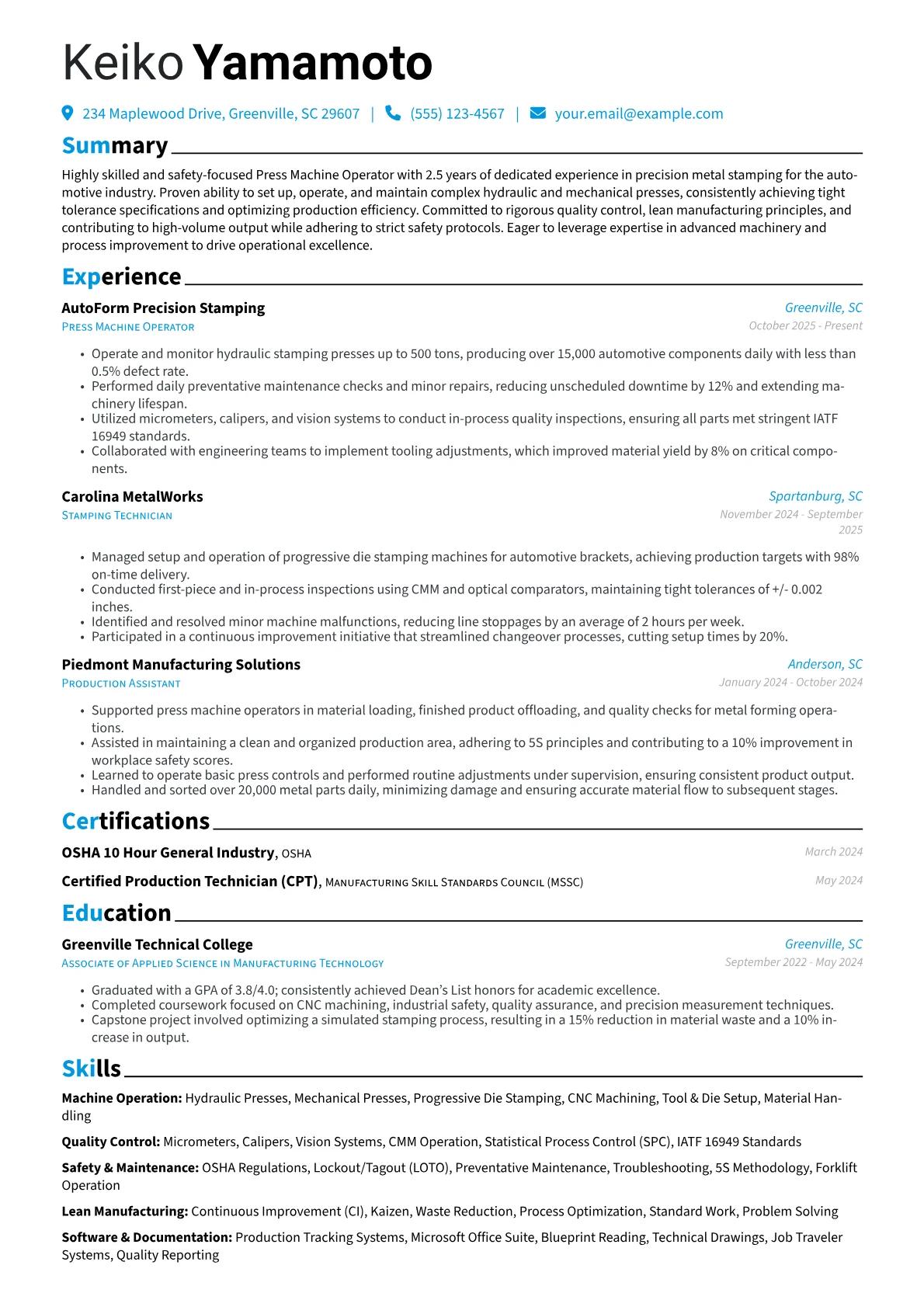 Press Machine Operator resume example, Automotive Precision, page 1
