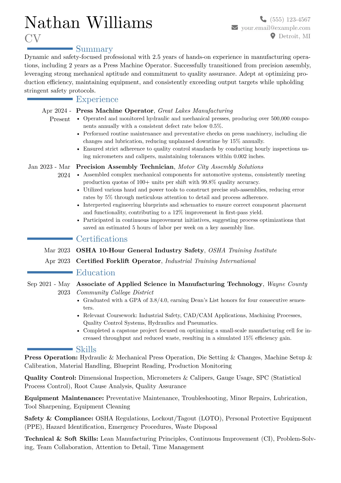 Press Machine Operator resume example, Career changer, page 1