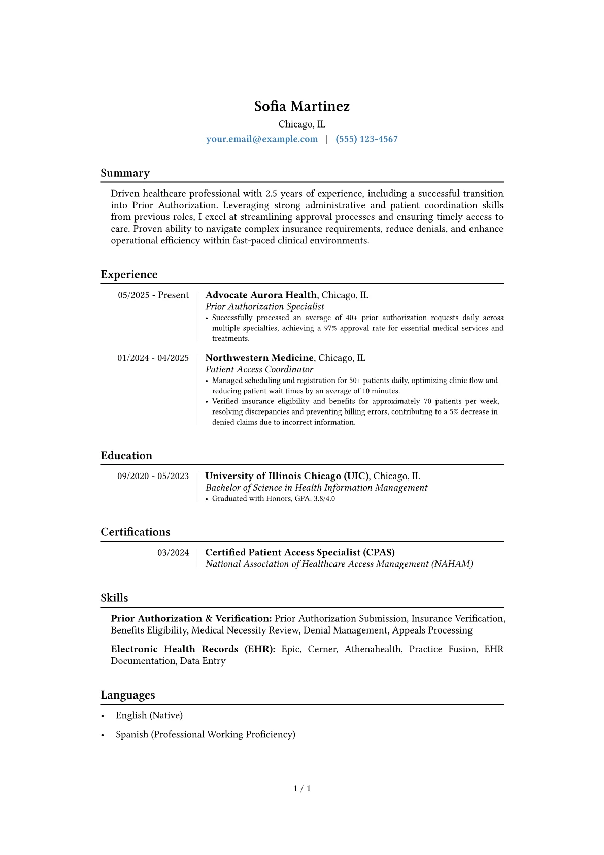 Prior Authorization Specialist resume example, Career changer, page 1