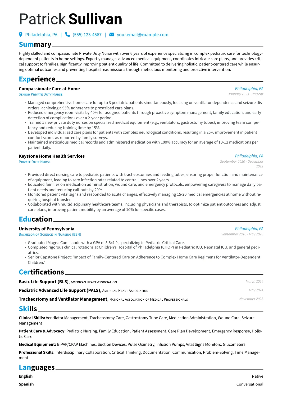 Private Duty Nurse resume example, Complex Pediatric Home, page 1