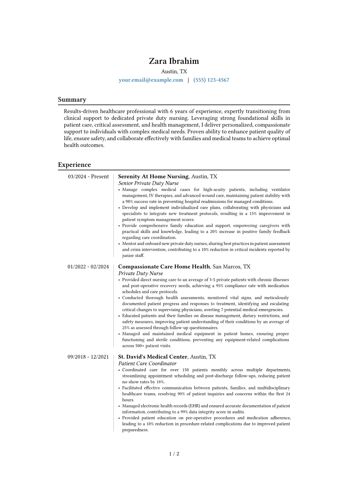 Private Duty Nurse resume example, Career changer, page 1