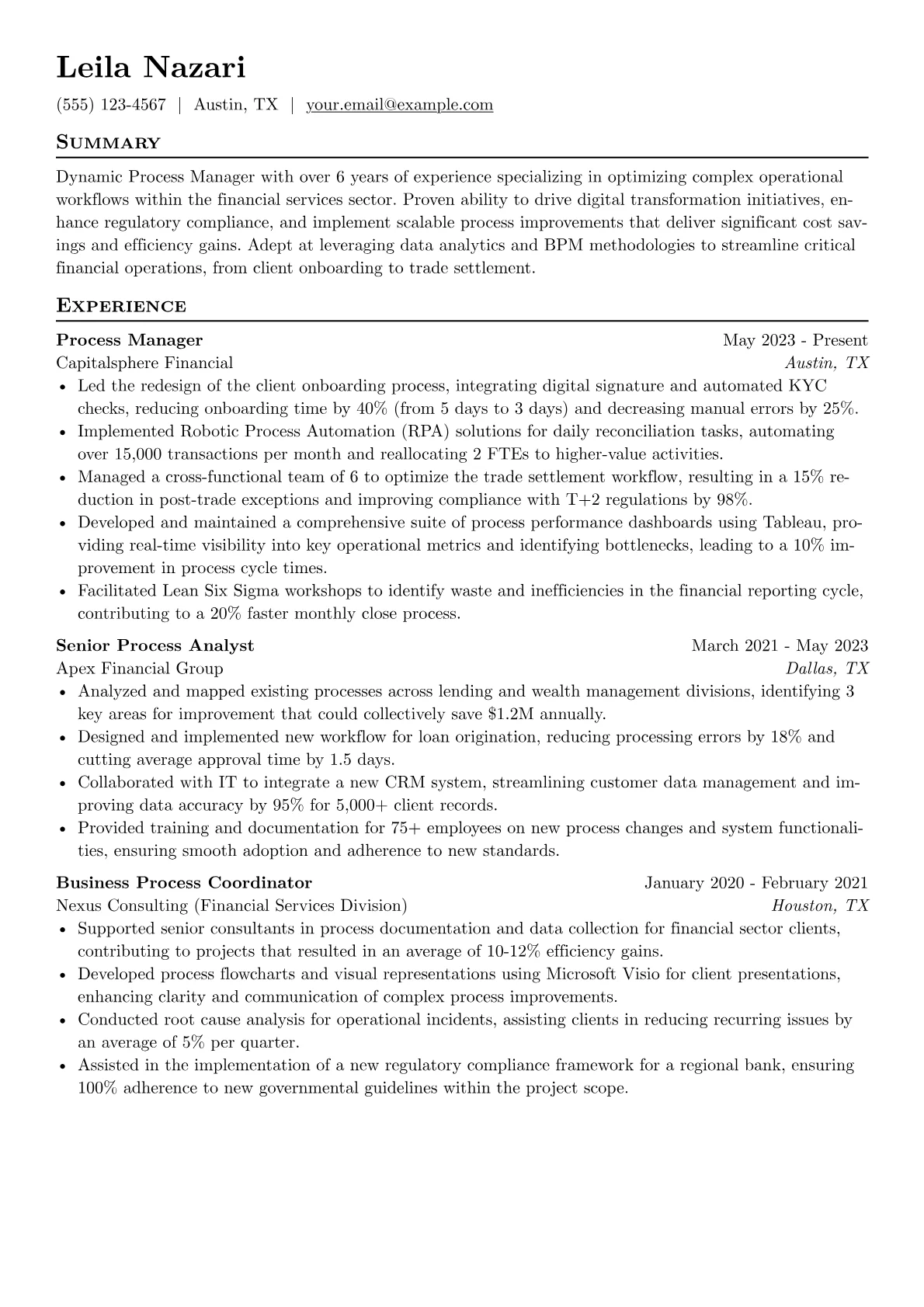 Process Manager resume example, Process Methodologies, page 1