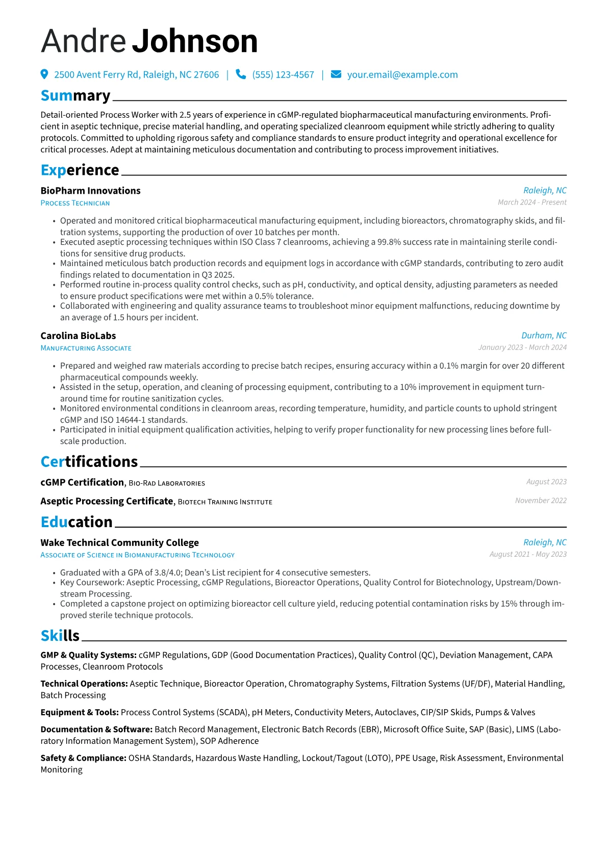 Process Worker resume example, Biotech Process Worker, page 1