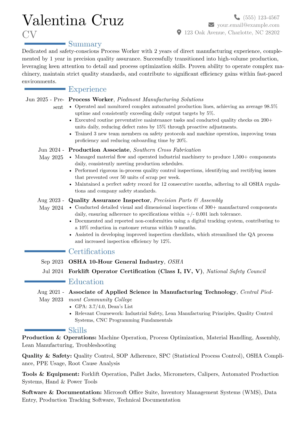Process Worker resume example, Career changer, page 1