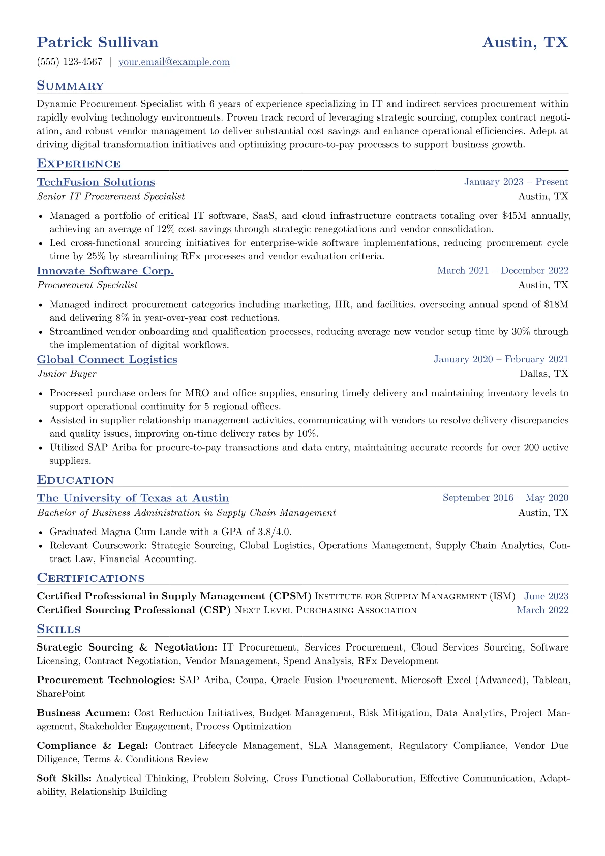 Procurement resume example, Procurement Specialist, page 1