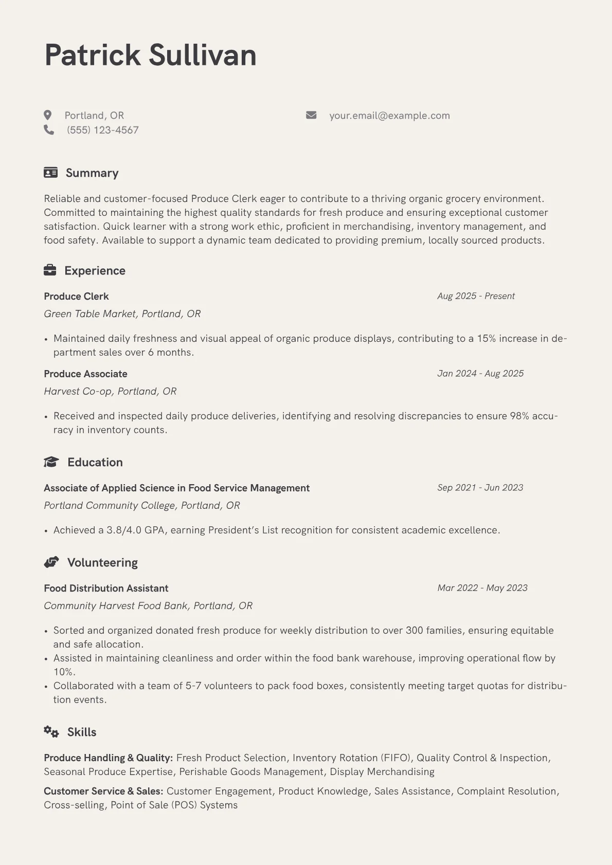 Produce Clerk resume example, Produce Handling & Quality, page 1