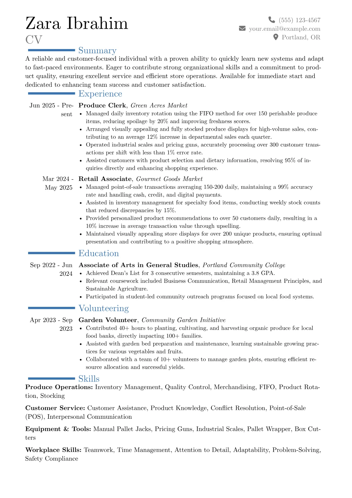Produce Clerk resume example, Career changer, page 1