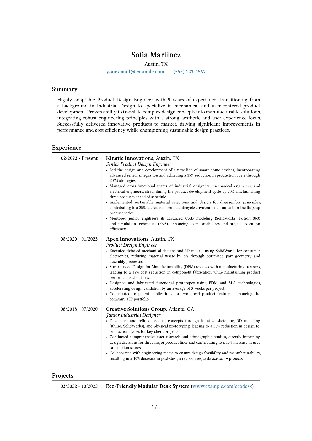 Product Design Engineer resume example, Career changer, page 1