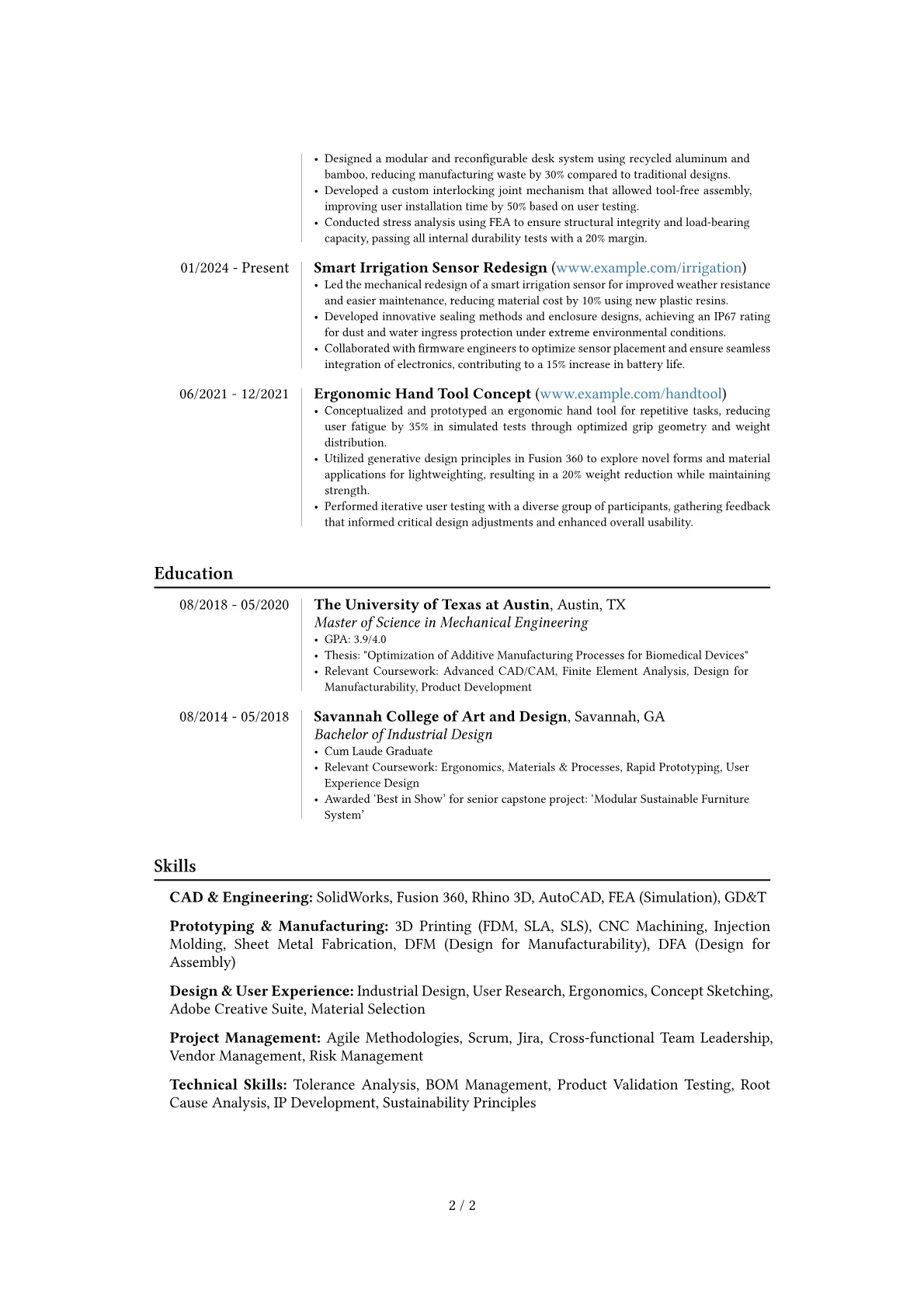 Product Design Engineer resume example, Career changer, page 2