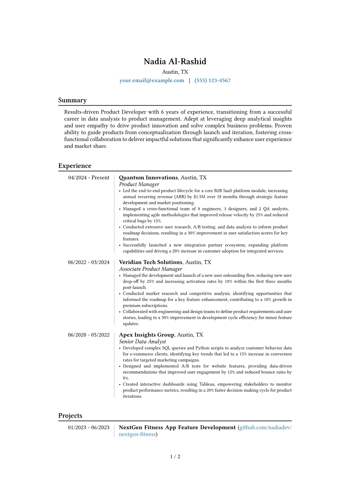 Product Developer resume example, Career changer, page 1