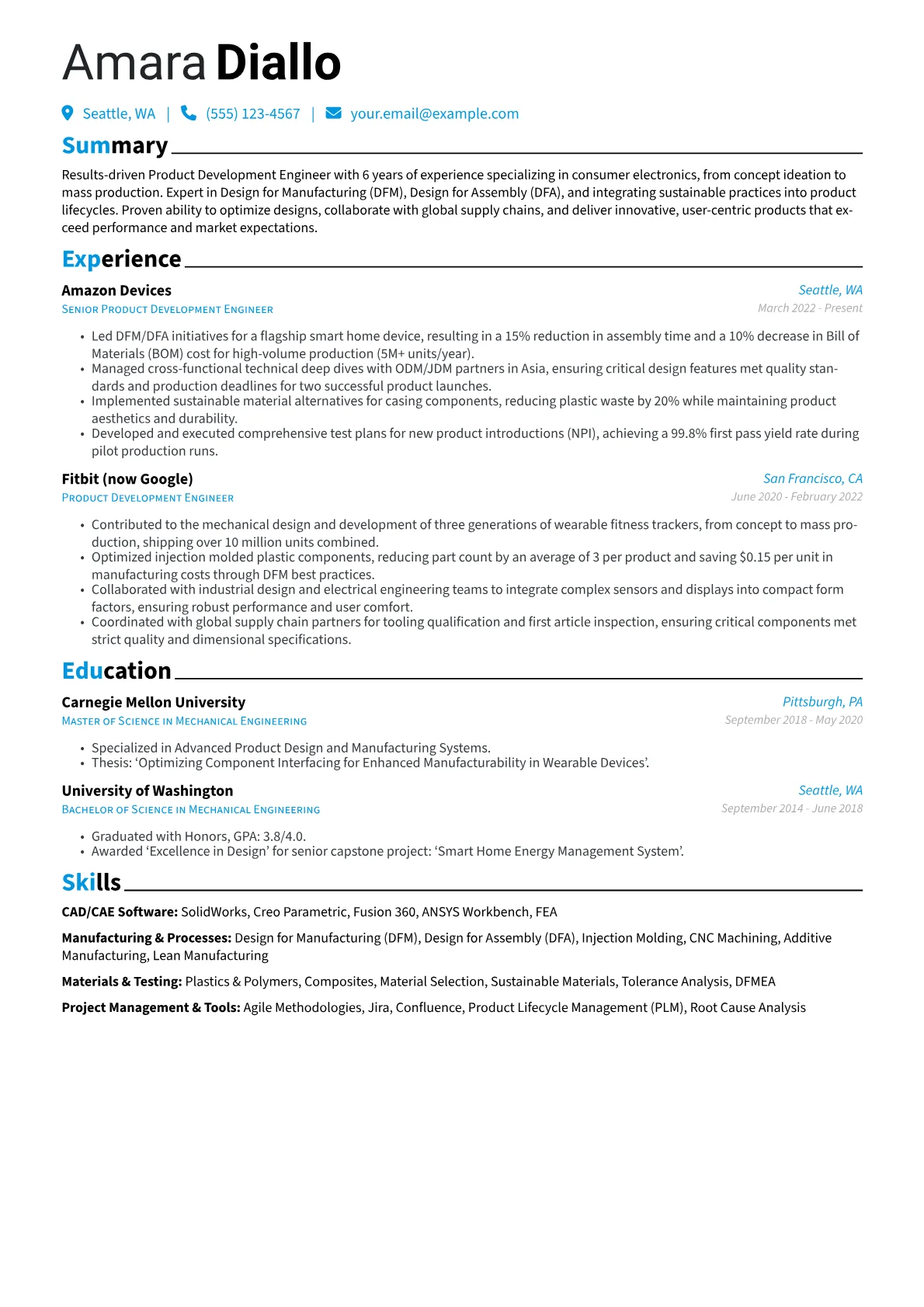 Product Development Engineer resume example, Different focus, page 1