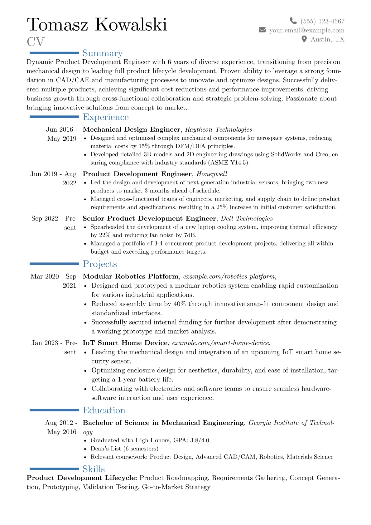 Product Development Engineer resume example, Career changer, page 1