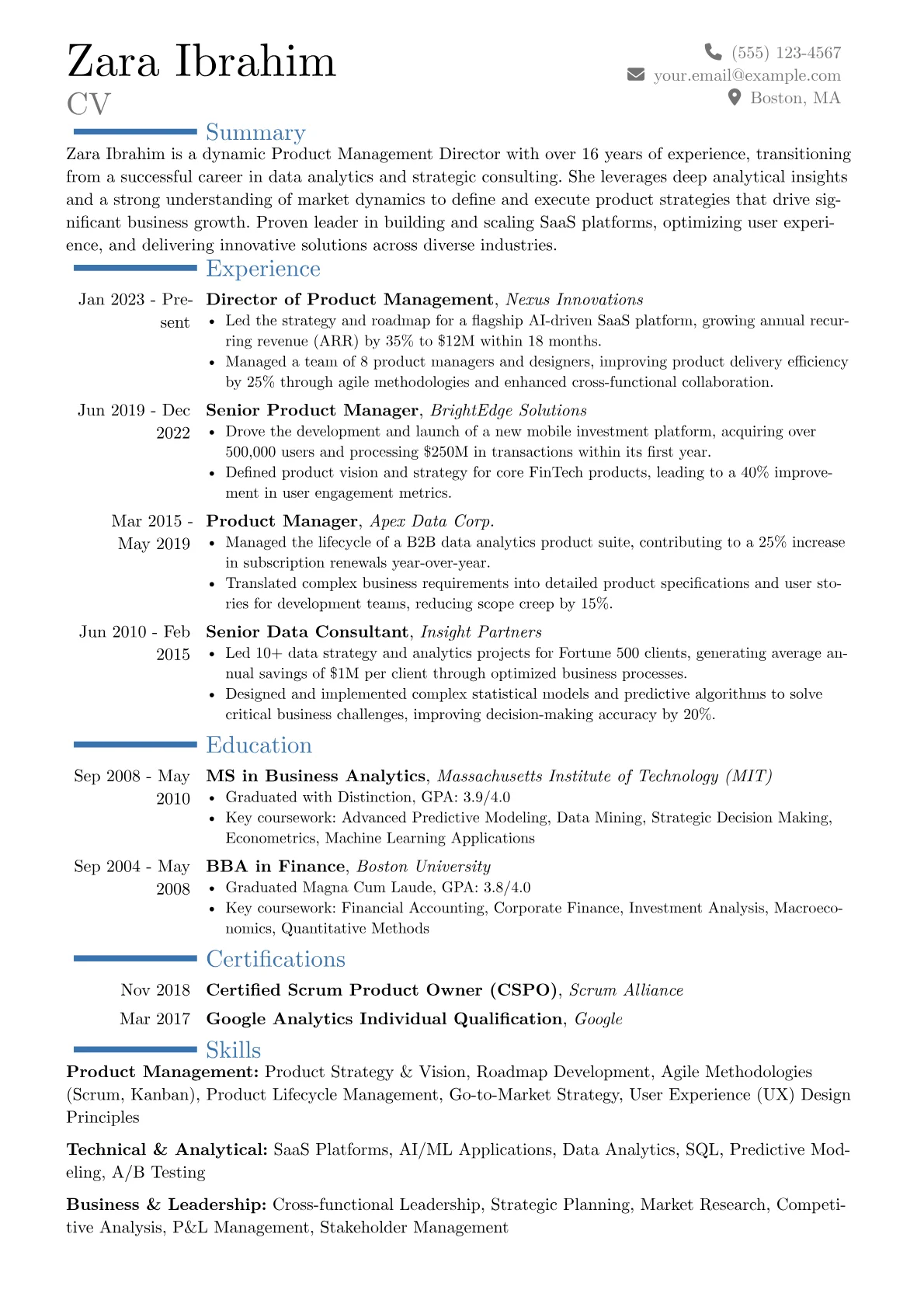 Product Management Director resume example, Career changer, page 1