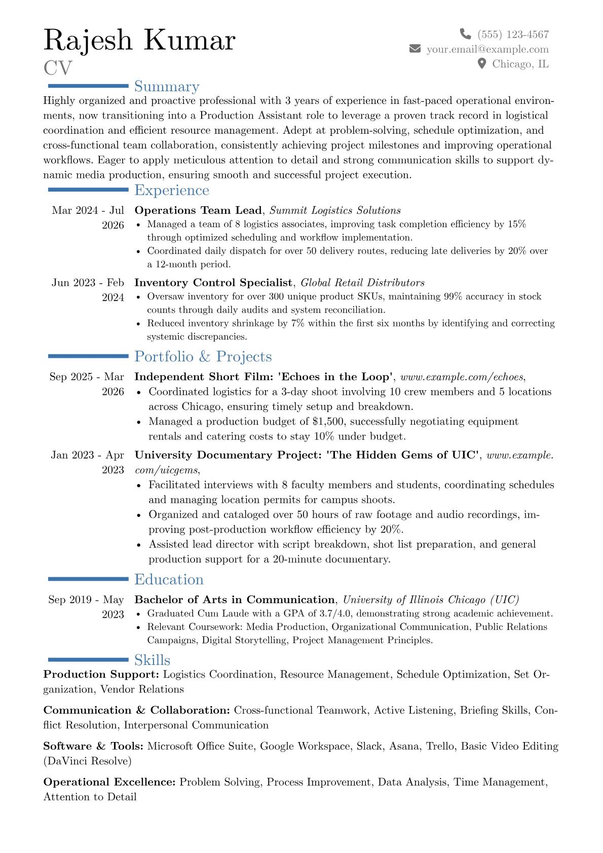 Production Assistant No Experience resume example, Career changer, page 1