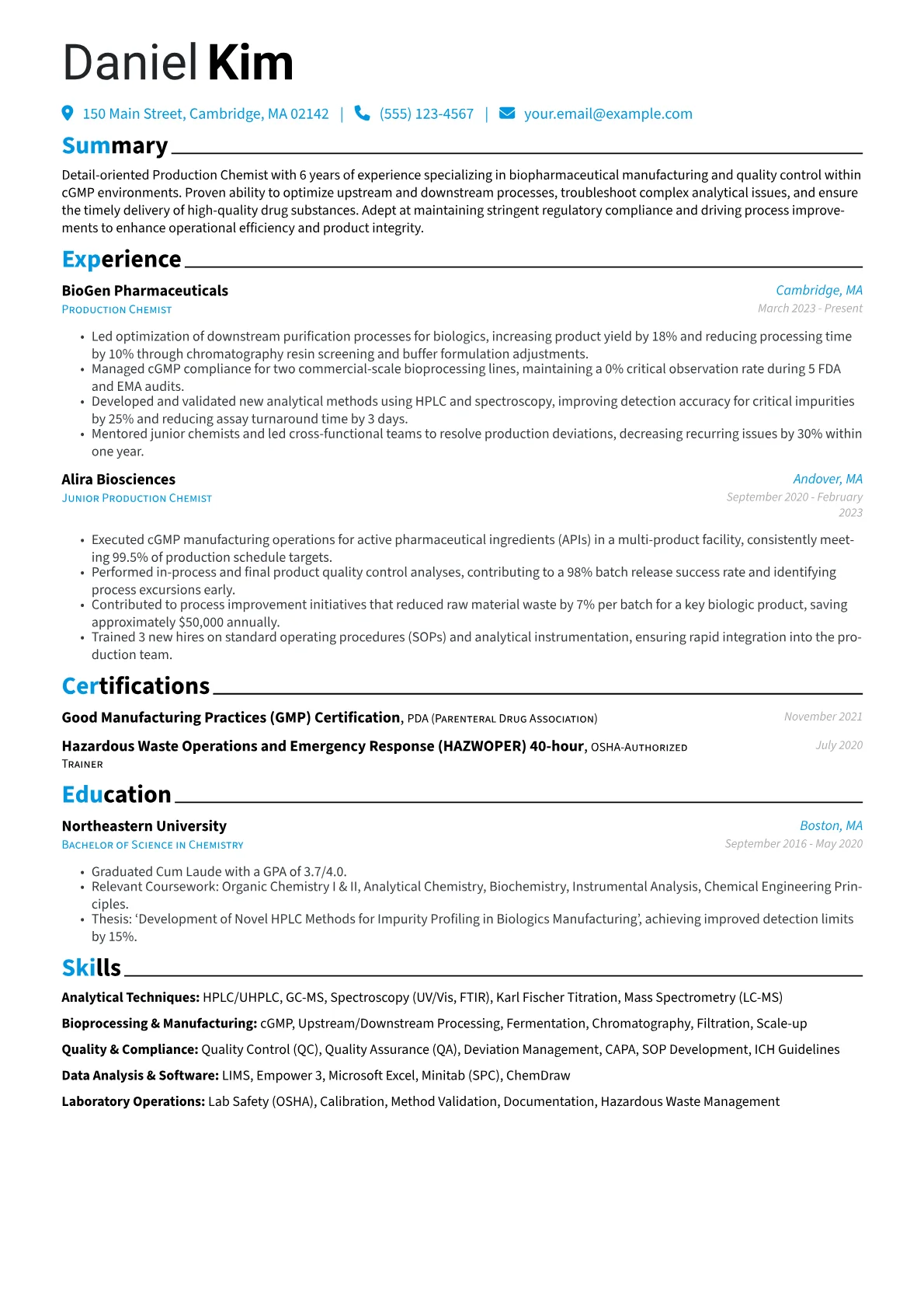 Production Chemist resume example, Analytical Techniques, page 1