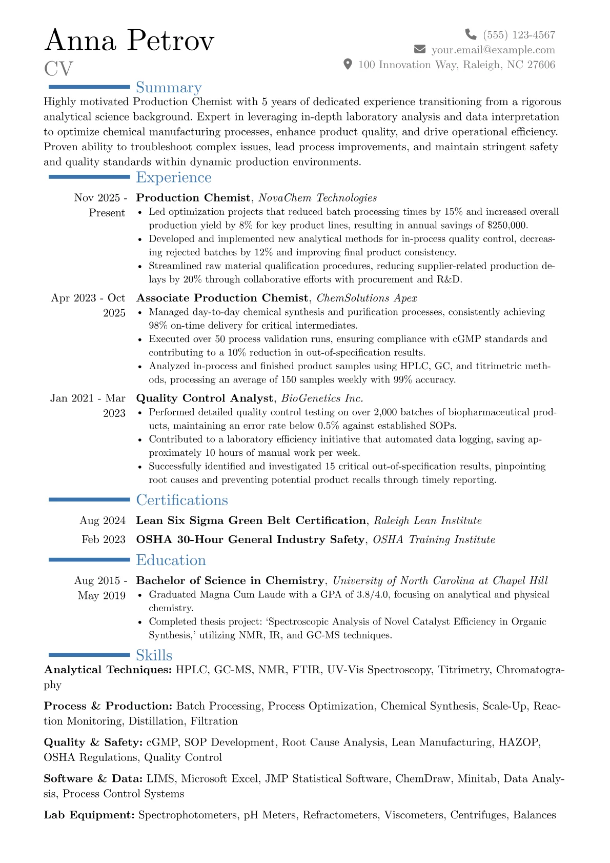 Production Chemist resume example, Career changer, page 1