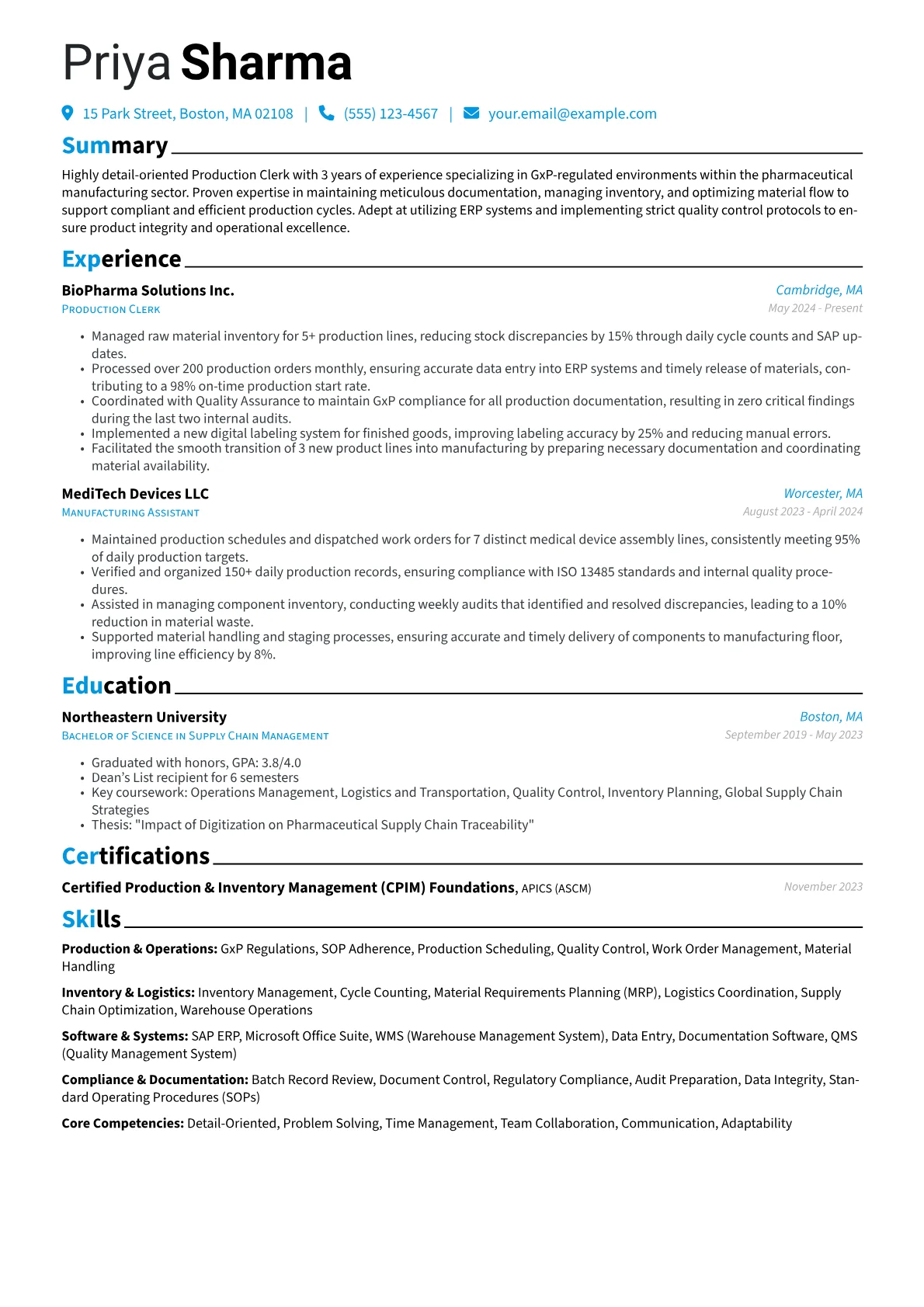 Production Clerk resume example, Production Clerk, page 1