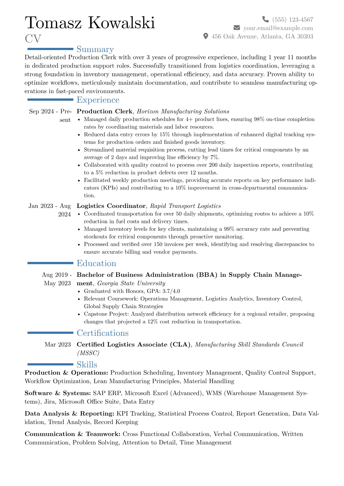 Production Clerk resume example, Career changer, page 1
