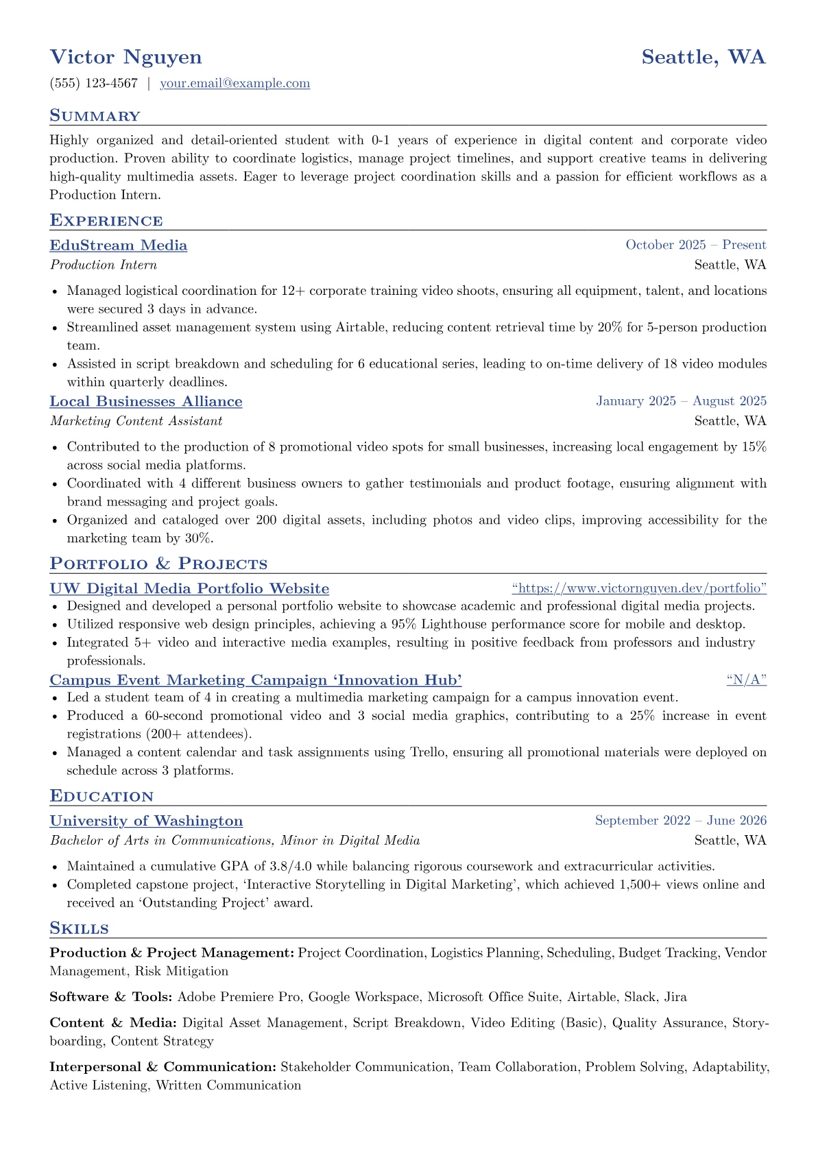 Production Intern resume example, Digital Content Specialist, page 1