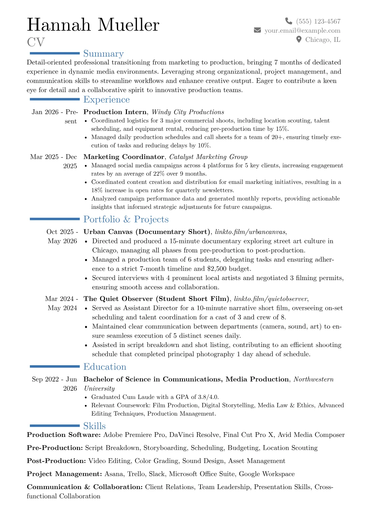 Production Intern resume example, Career changer, page 1