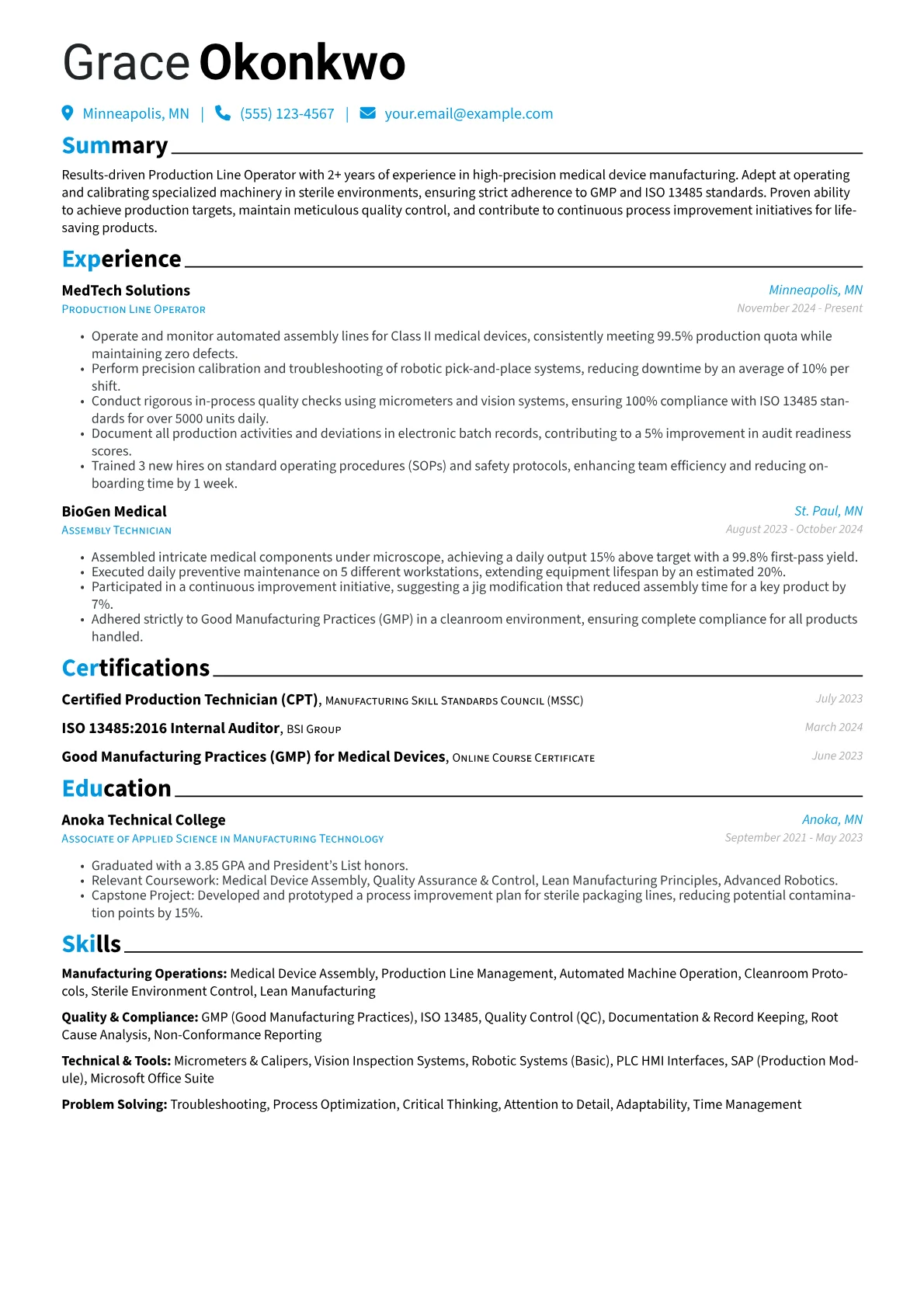 Production Line Operator resume example, Manufacturing Operations, page 1