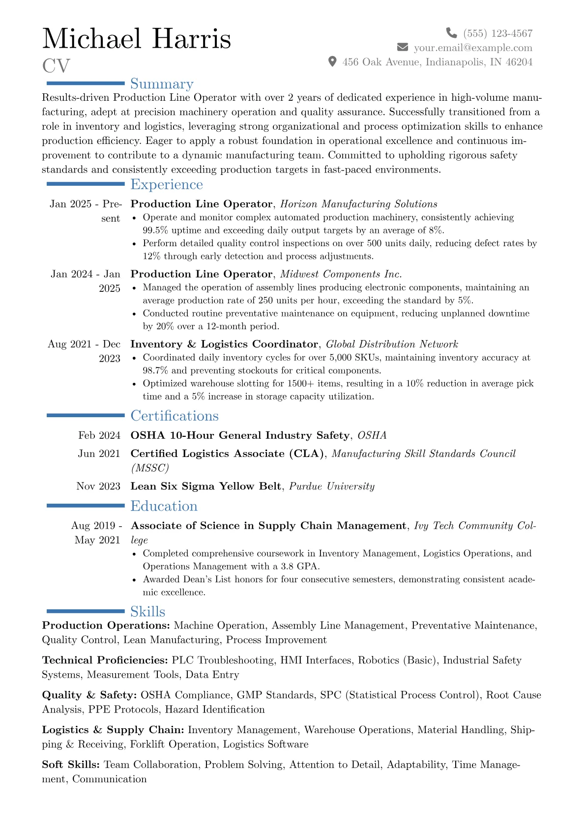 Production Line Operator resume example, Career changer, page 1