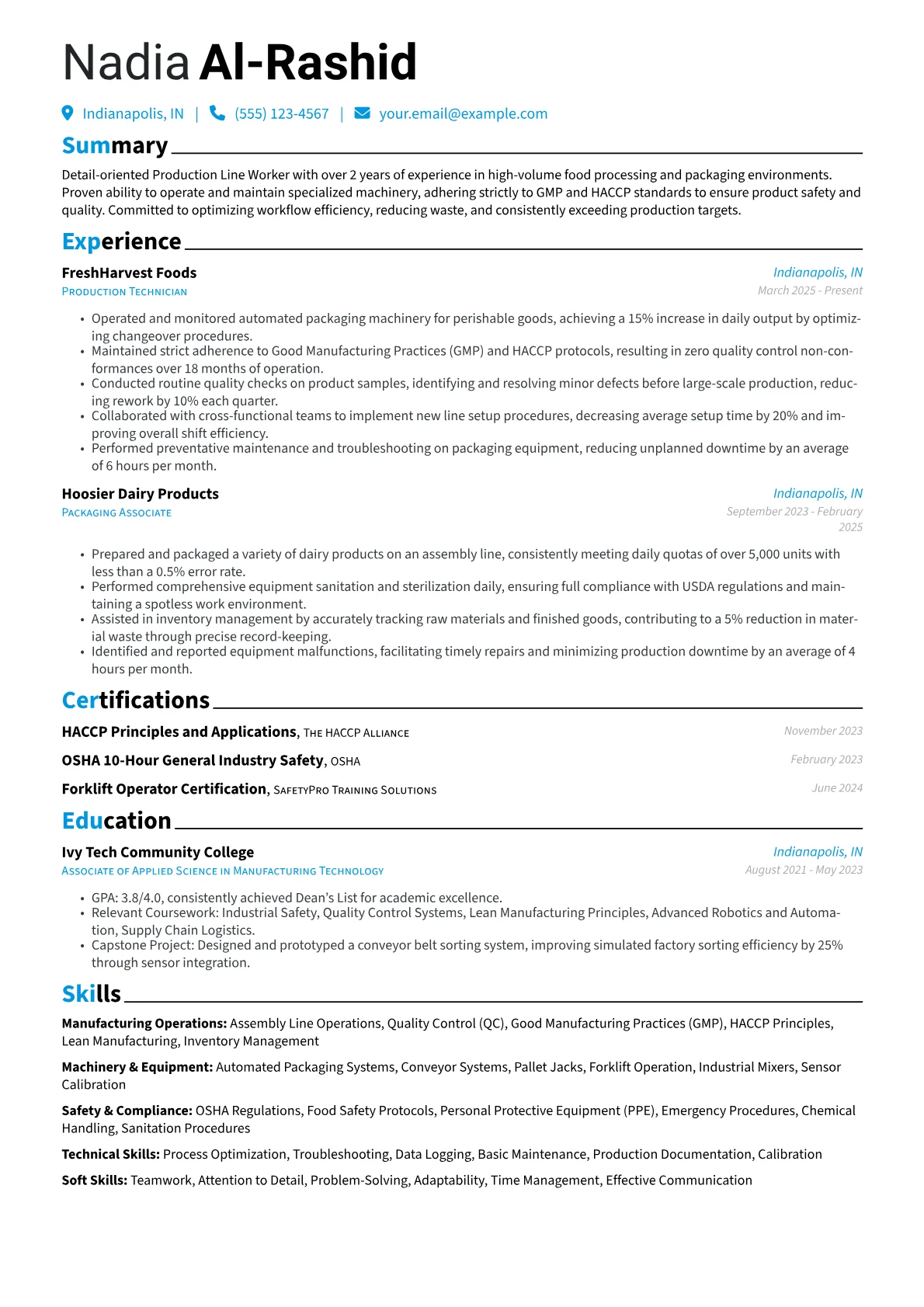 Production Line Worker resume example, Food Processing Production, page 1