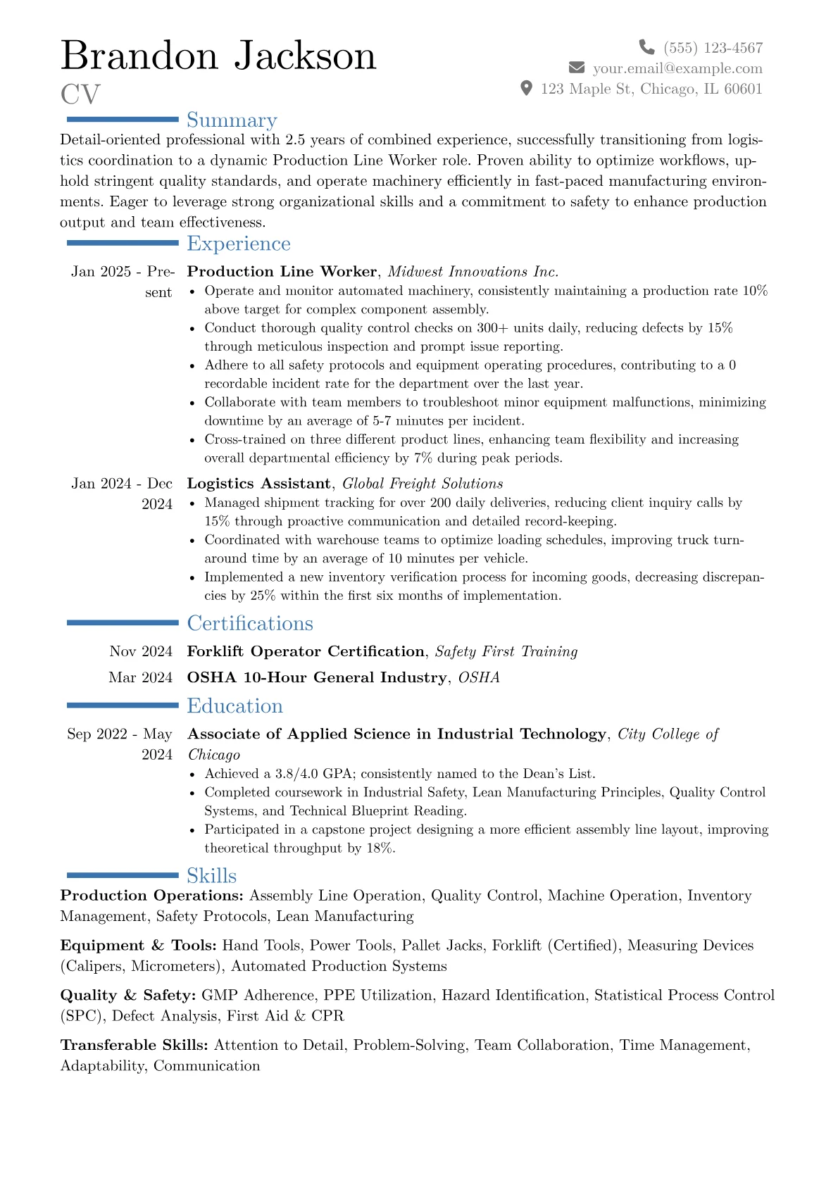 Production Line Worker resume example, Career changer, page 1