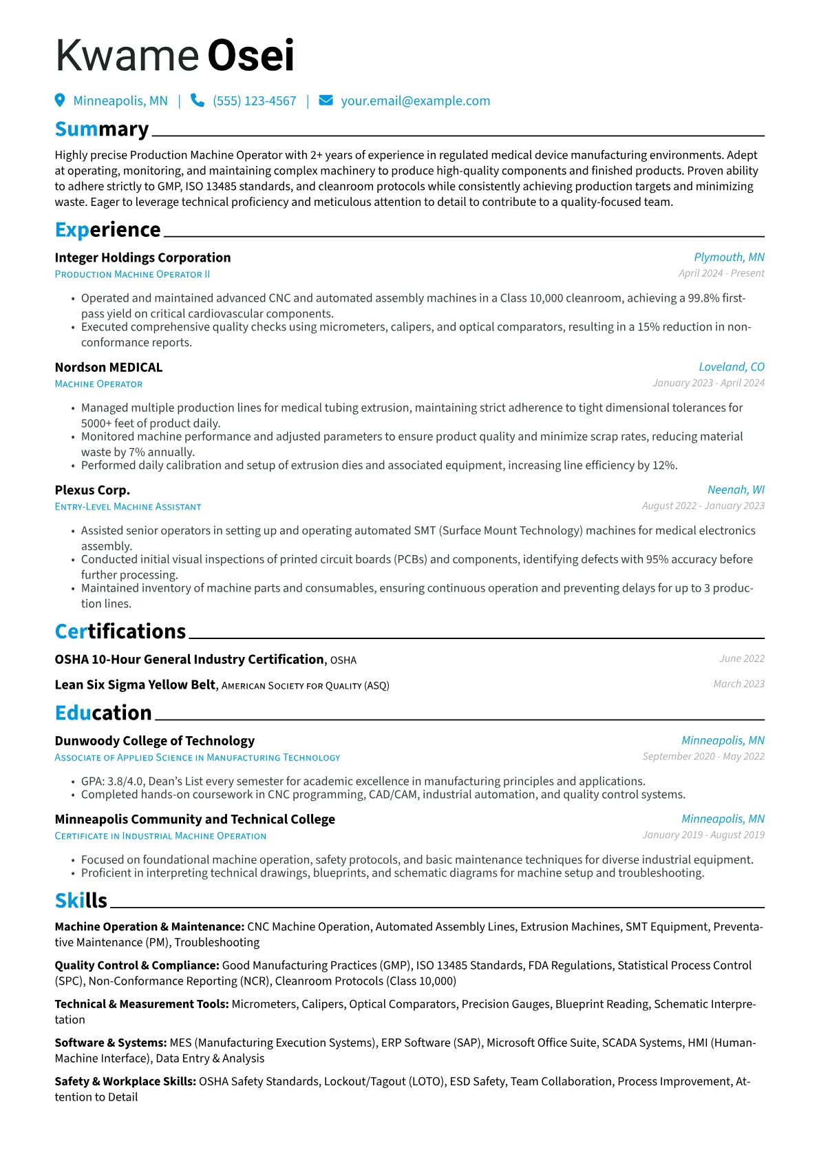 Production Machine Operator resume example, Production Machine, page 1