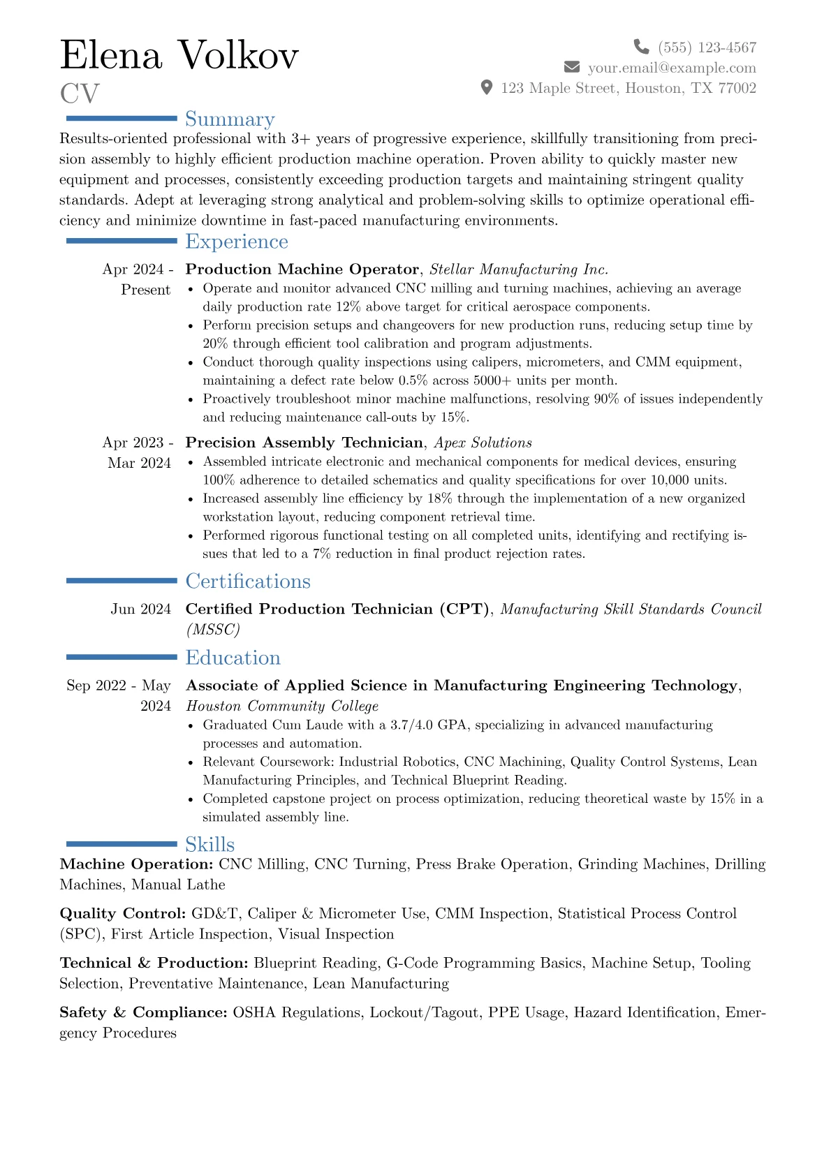 Production Machine Operator resume example, Career changer, page 1