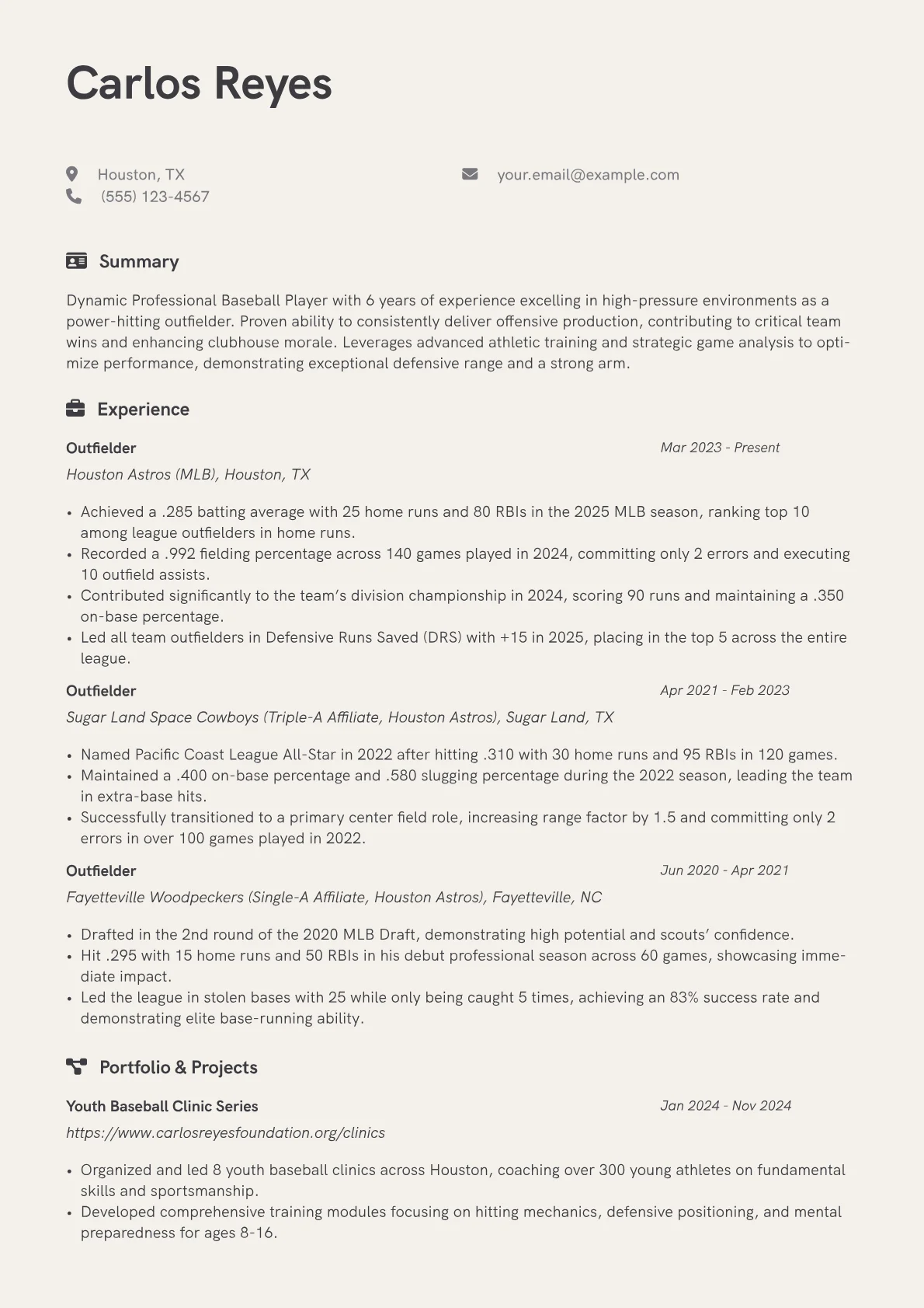 Professional Baseball Player resume example, power-hitting outfielder, page 1
