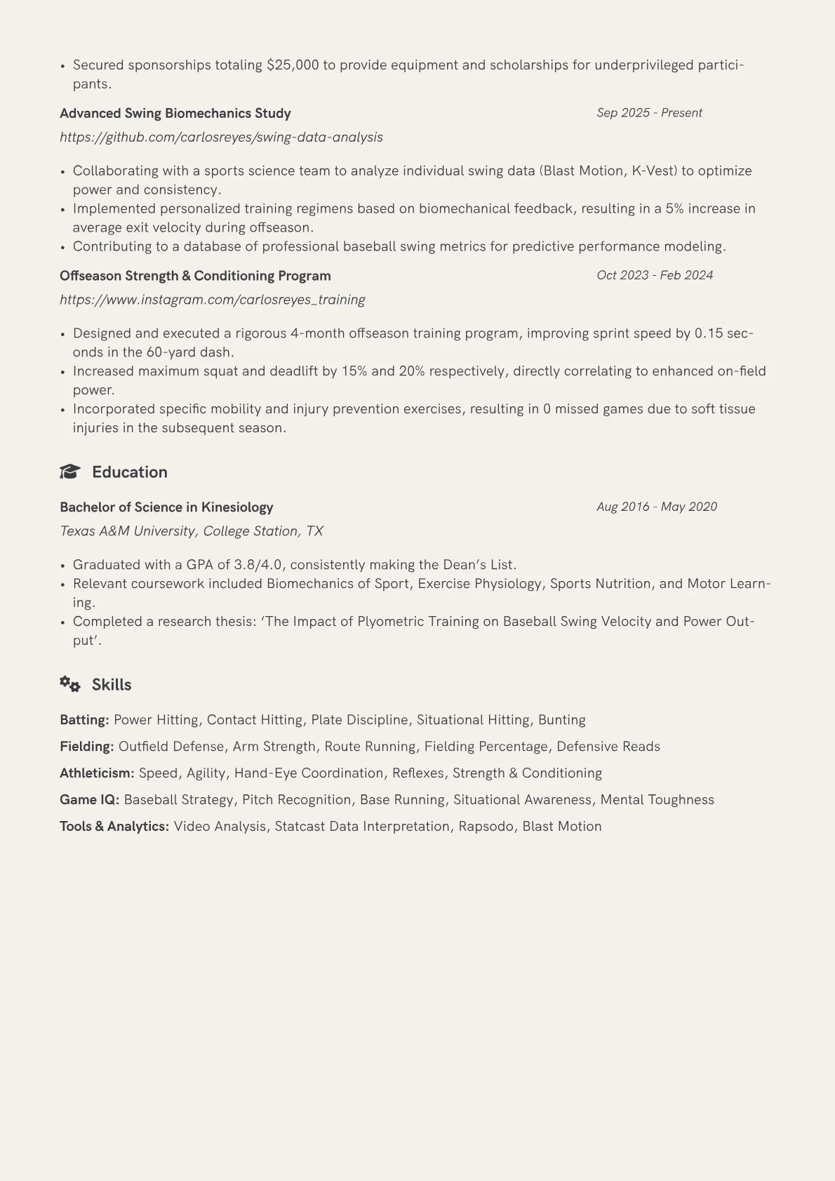 Professional Baseball Player resume example, power-hitting outfielder, page 2